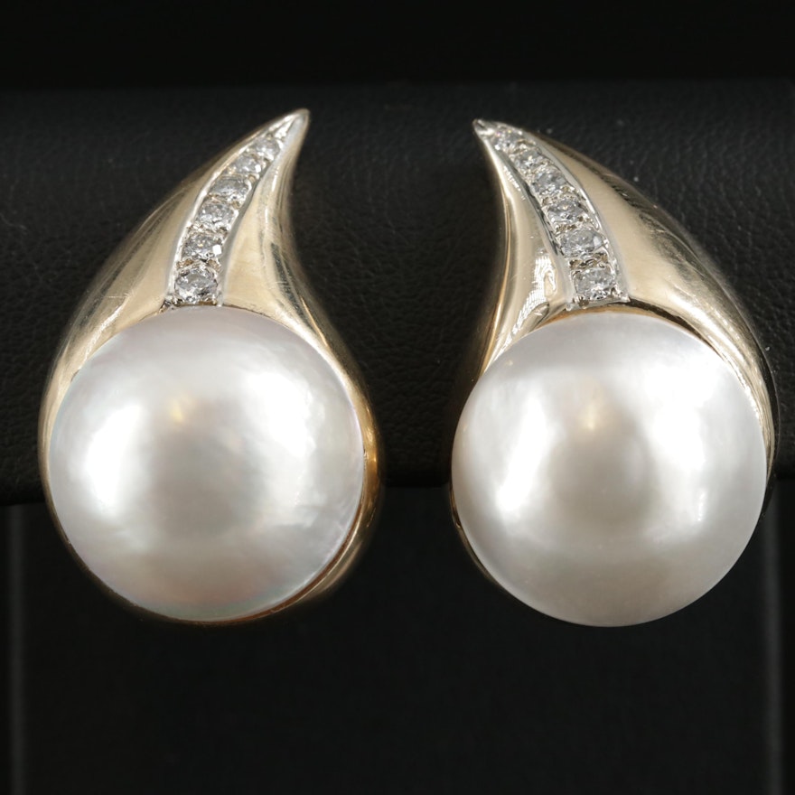 14K Yellow Gold Cultured Pearl and Diamond Teardrop Clip-On Earrings