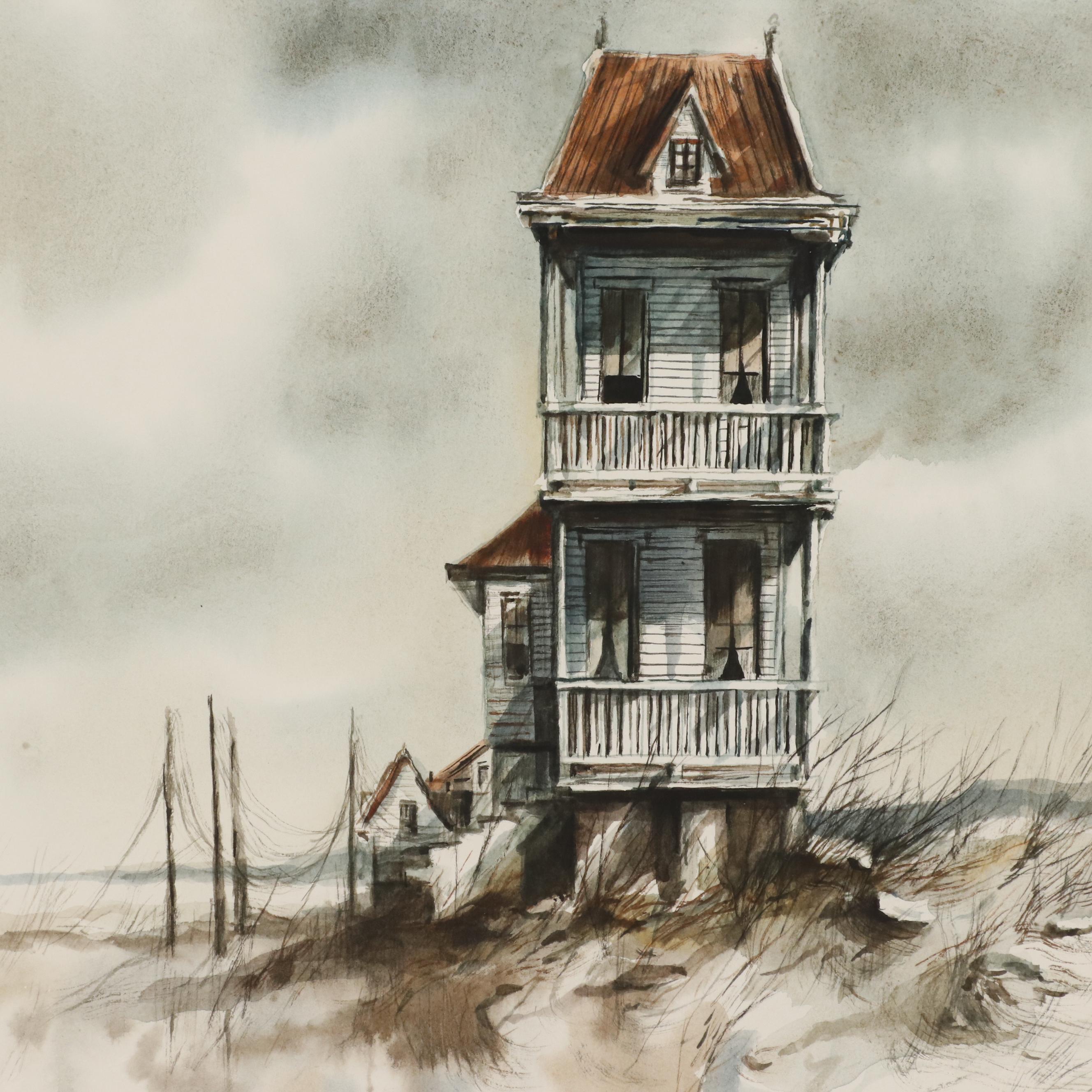 Robert Fabe Watercolor Painting of Beach House