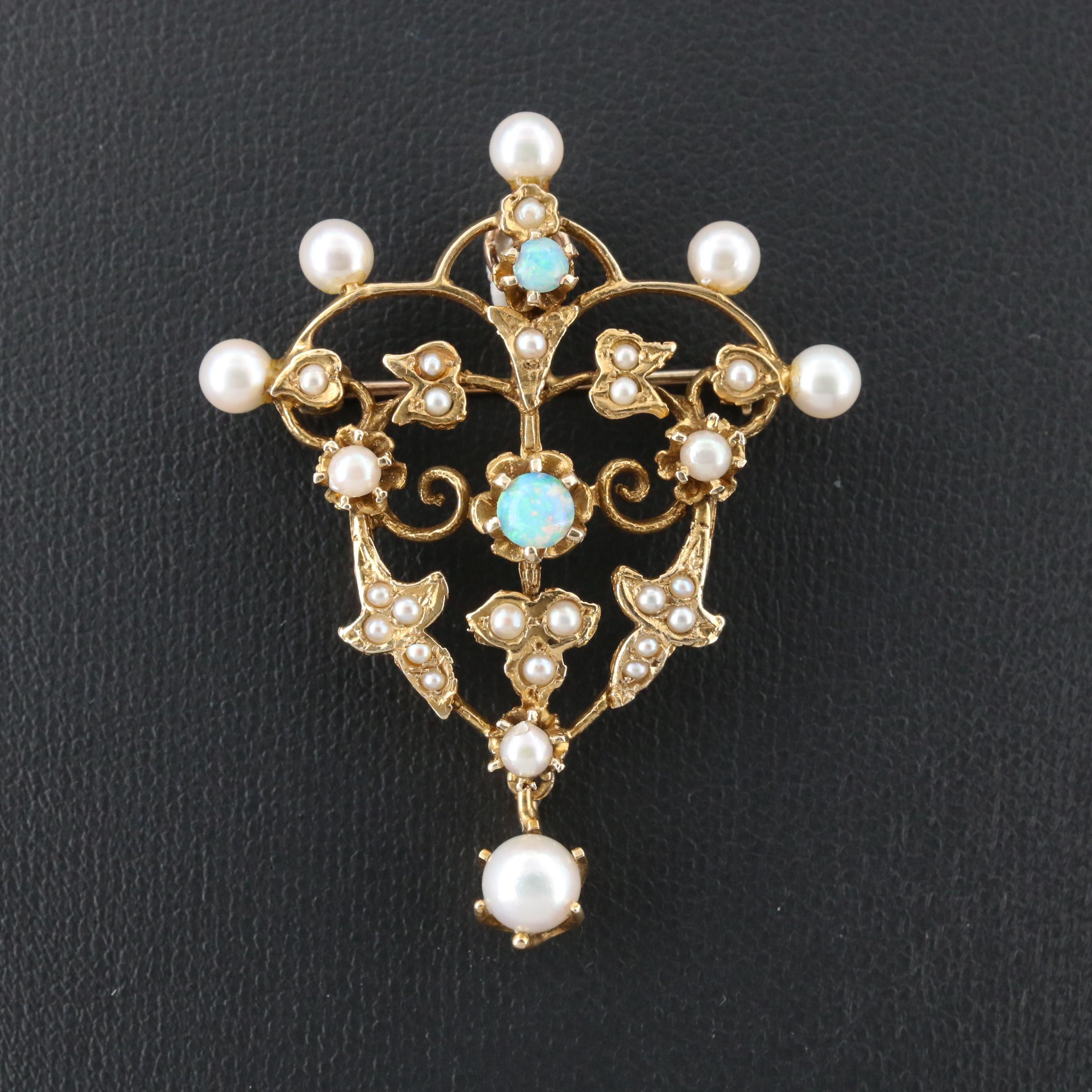 Vintage 14K Gold Opal and Pearl Converter Brooch