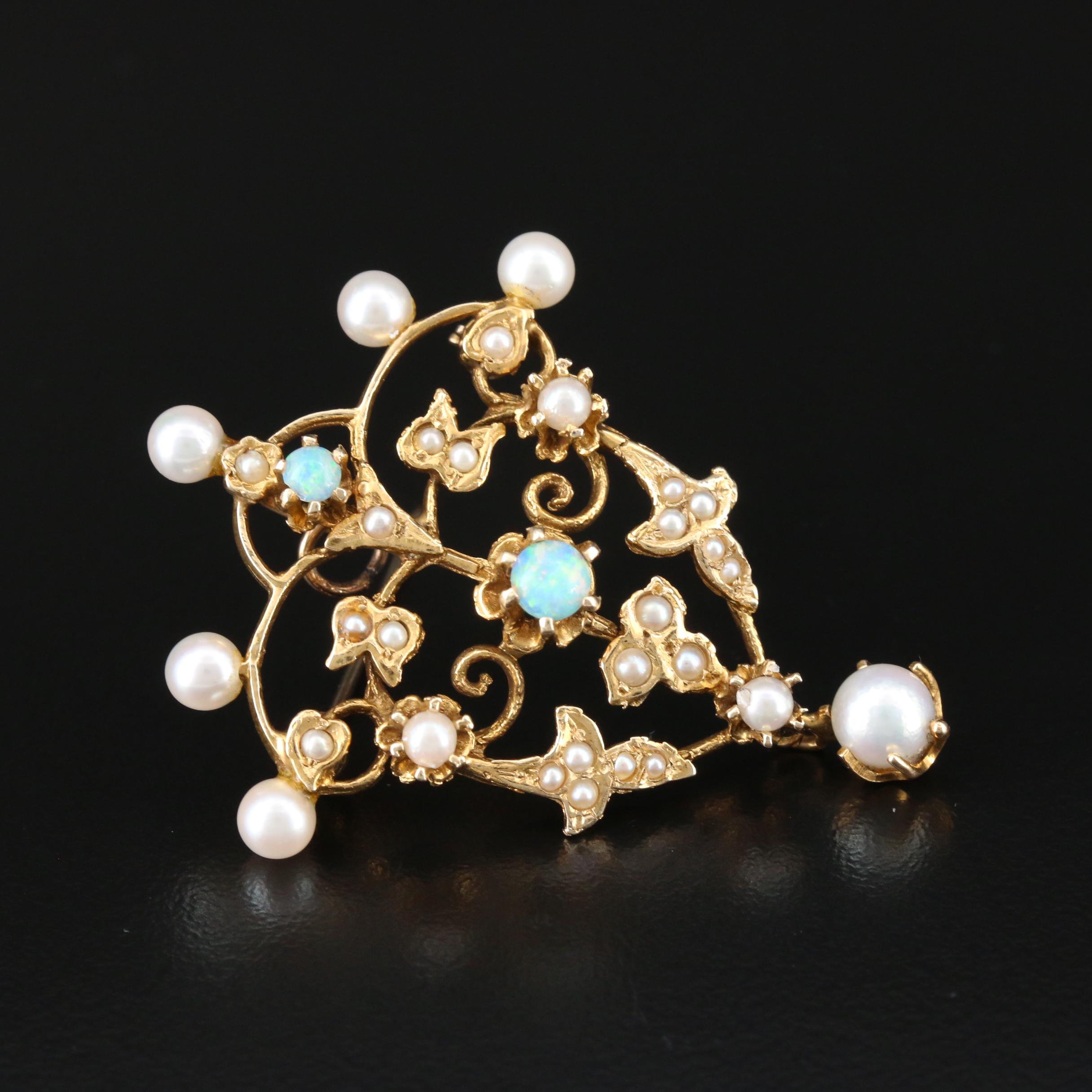 Vintage 14K Gold Opal and Pearl Converter Brooch