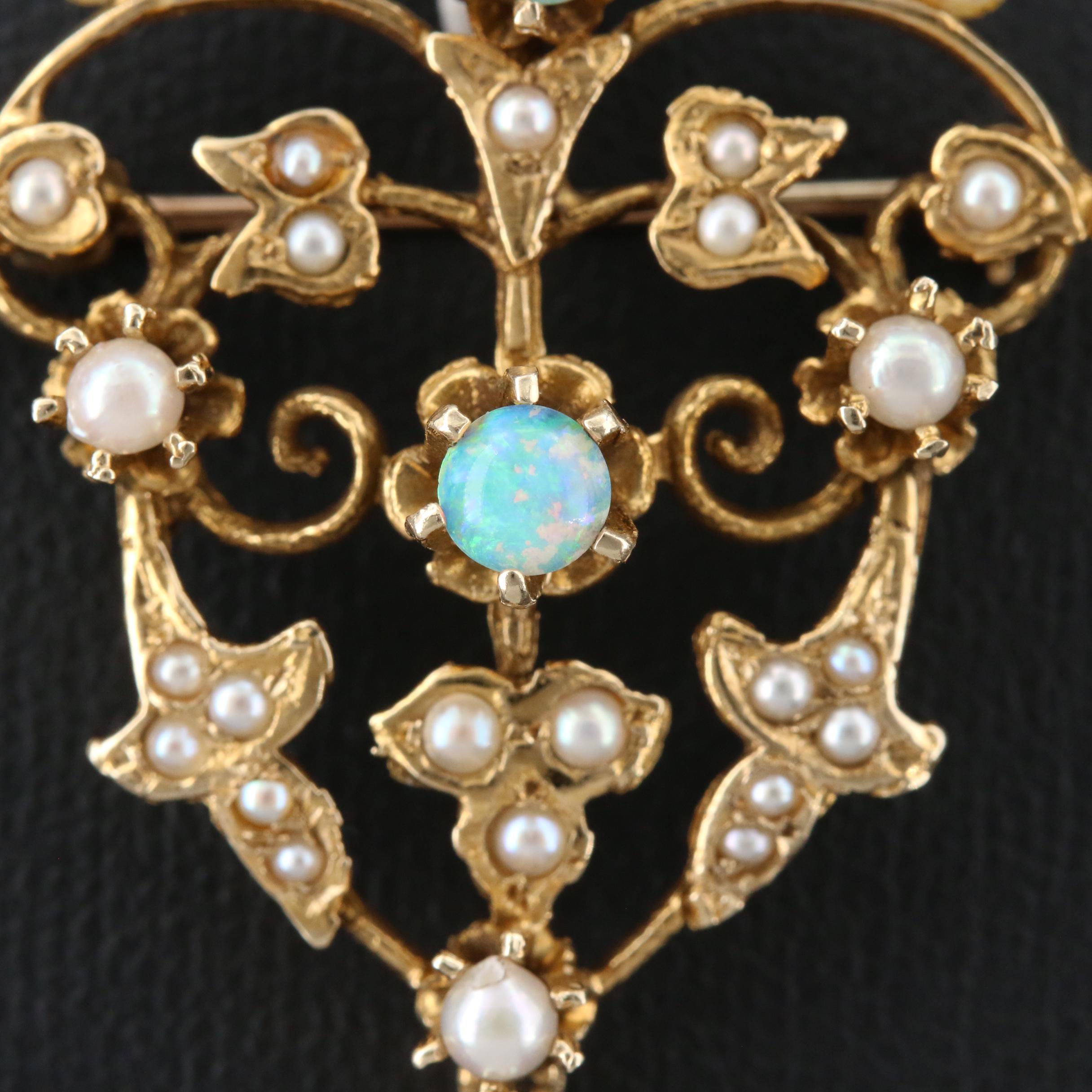 Vintage 14K Gold Opal and Pearl Converter Brooch
