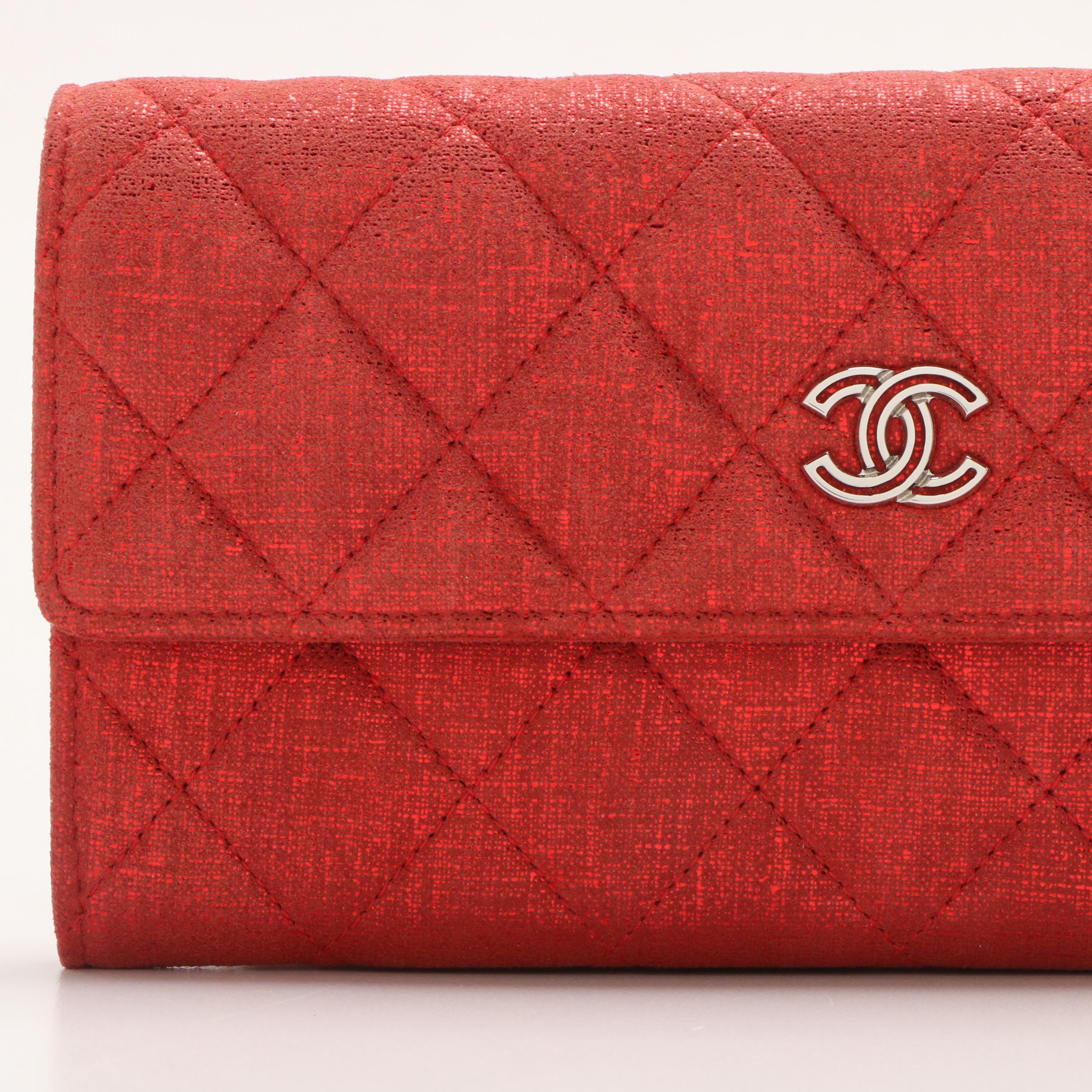 Chanel Red Metallic Quilted Suede CC Gusset Long Flap Wallet