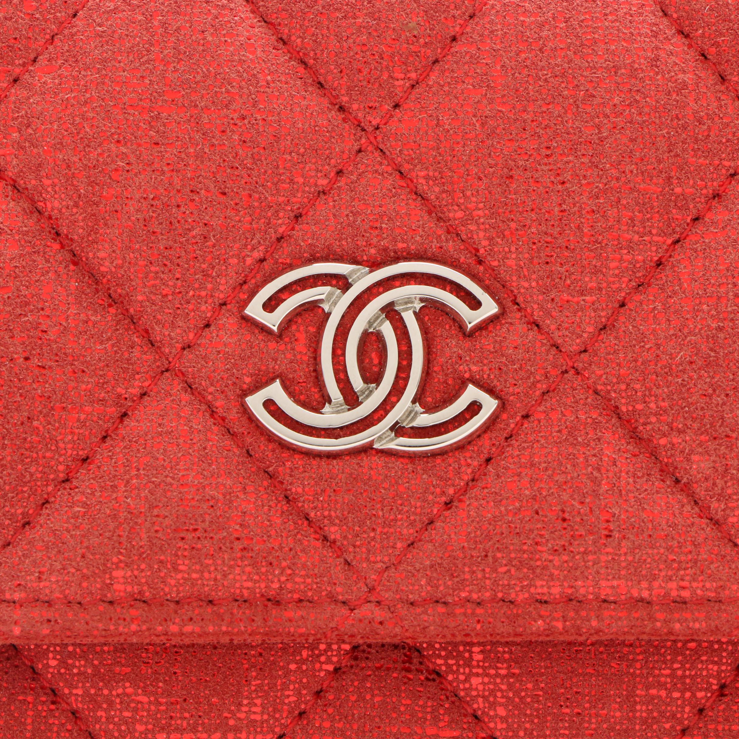 Chanel Red Metallic Quilted Suede CC Gusset Long Flap Wallet