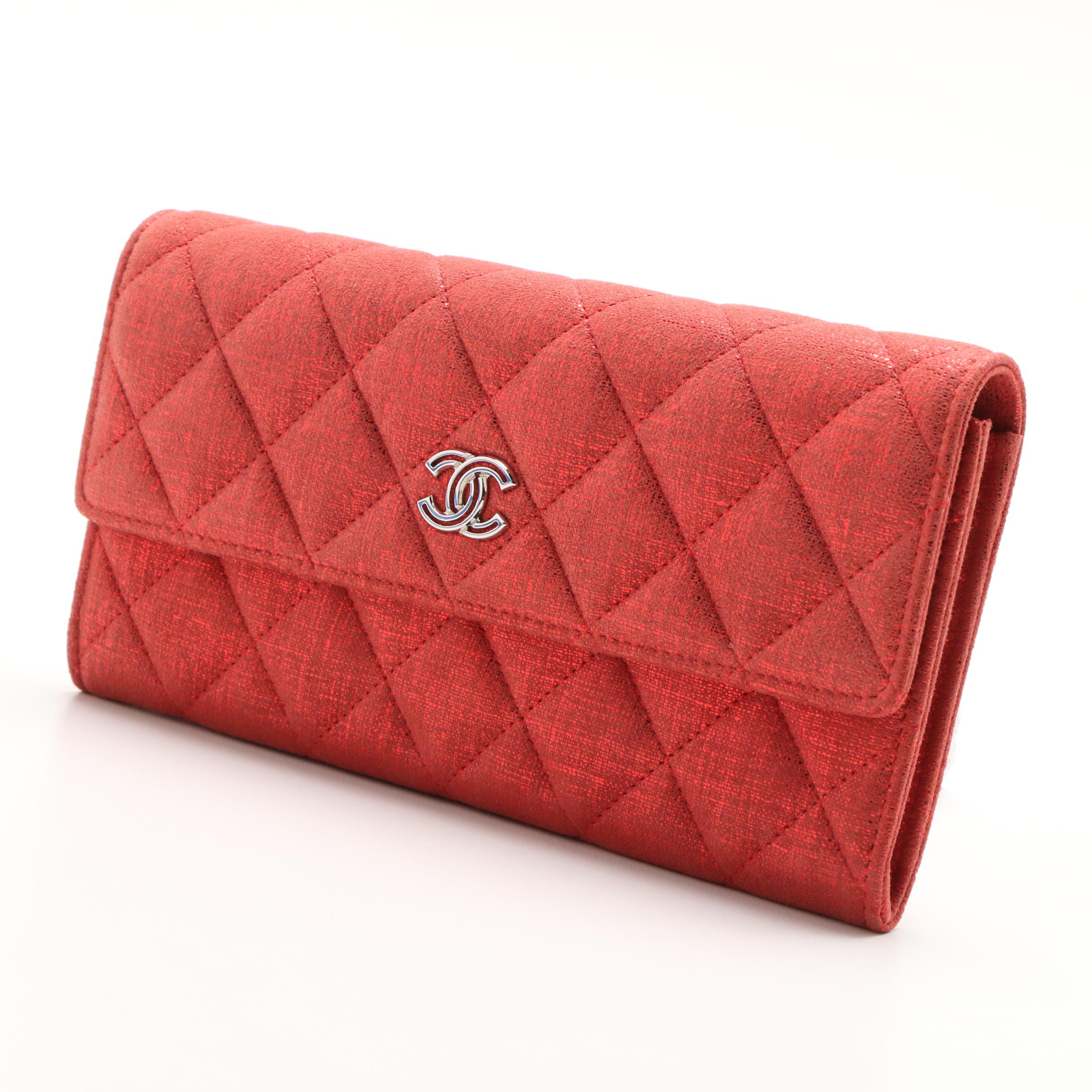 Chanel Red Metallic Quilted Suede CC Gusset Long Flap Wallet