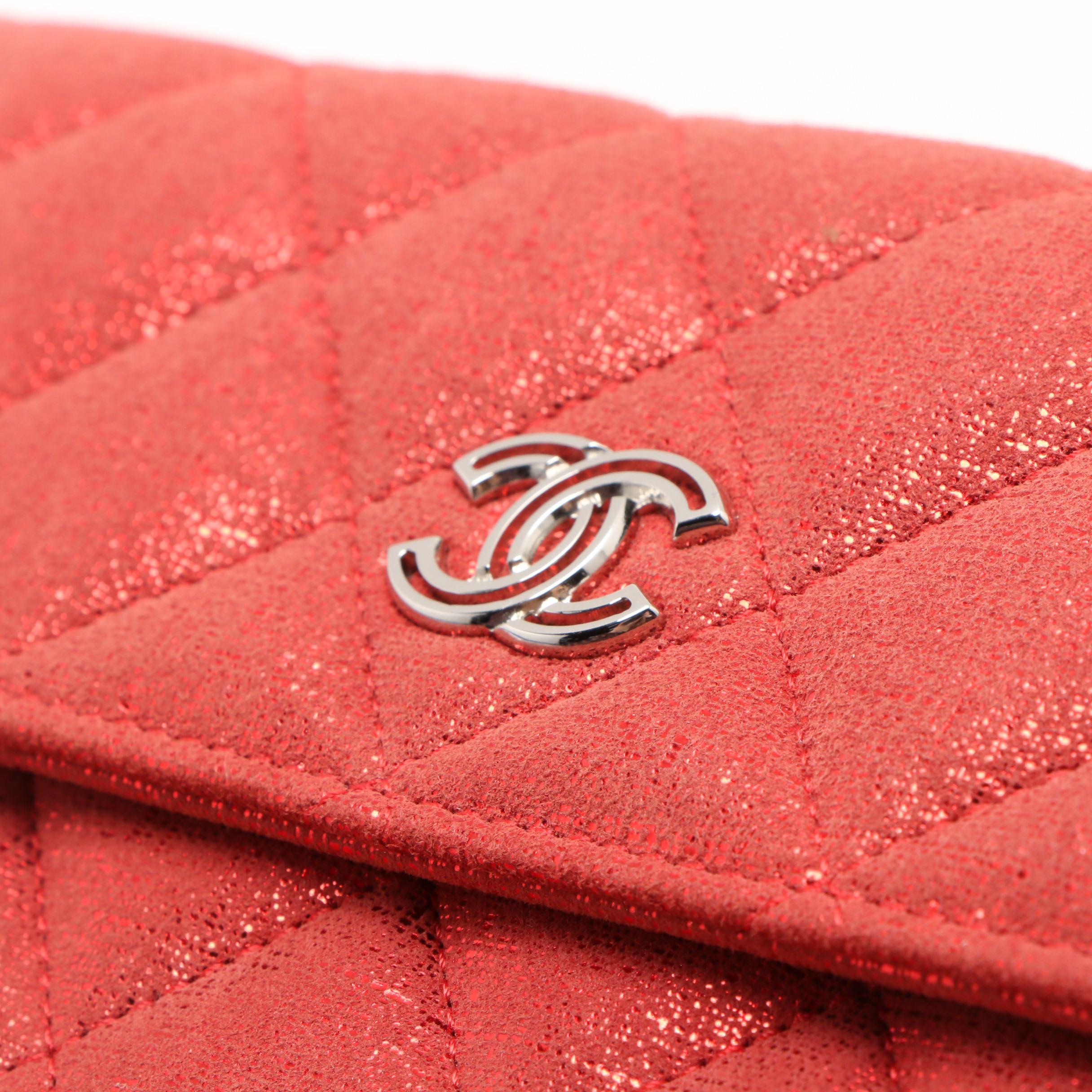Chanel Red Metallic Quilted Suede CC Gusset Long Flap Wallet