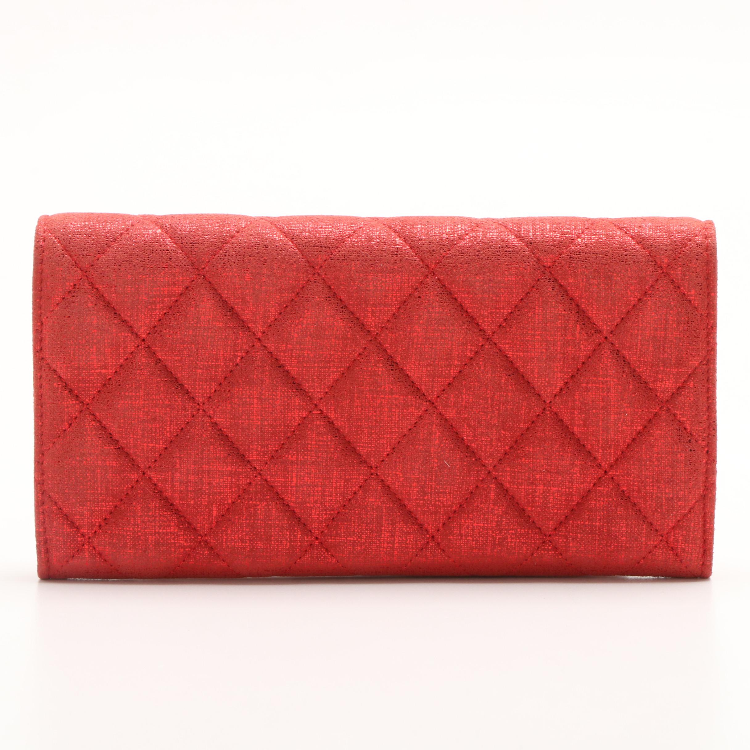 Chanel Red Metallic Quilted Suede CC Gusset Long Flap Wallet