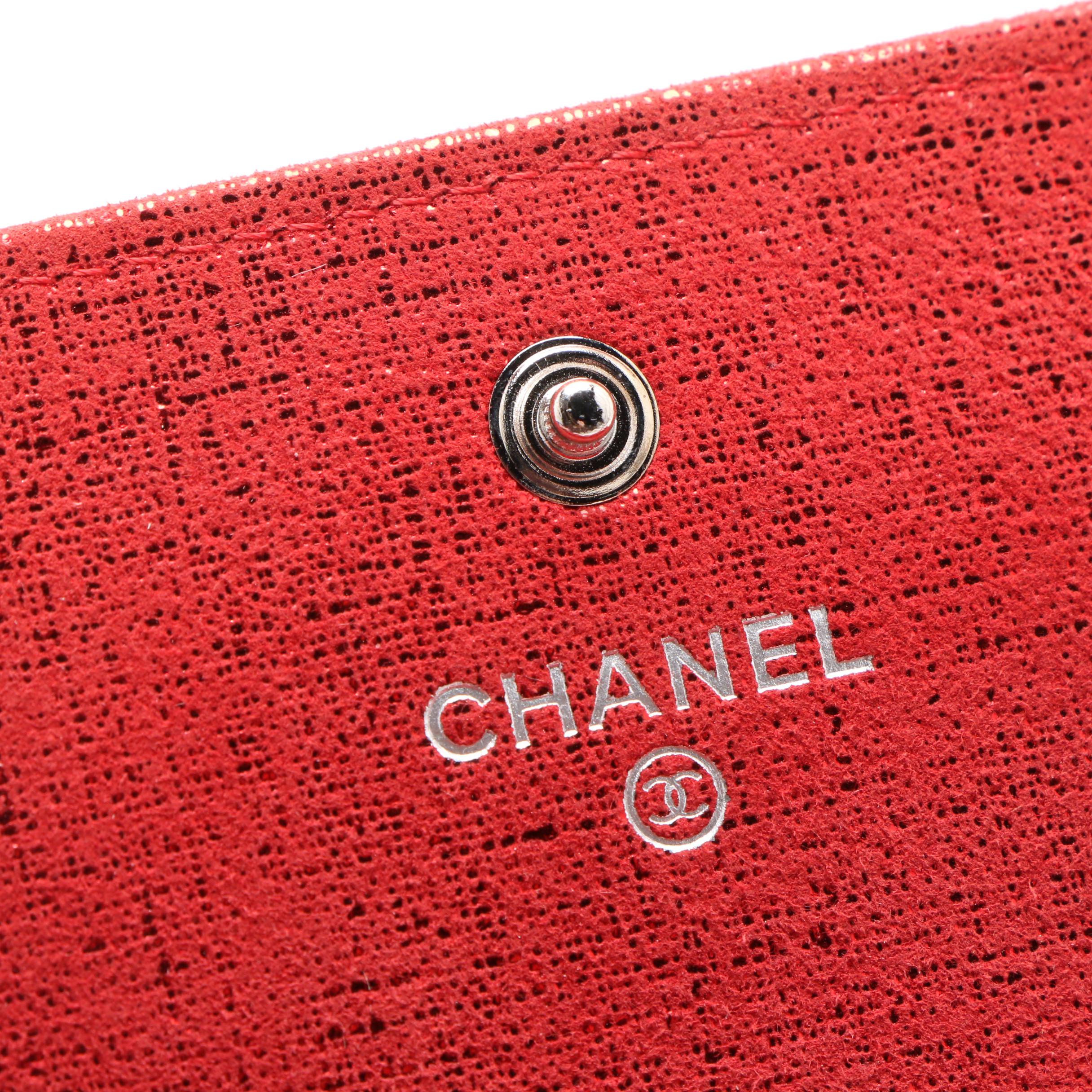 Chanel Red Metallic Quilted Suede CC Gusset Long Flap Wallet