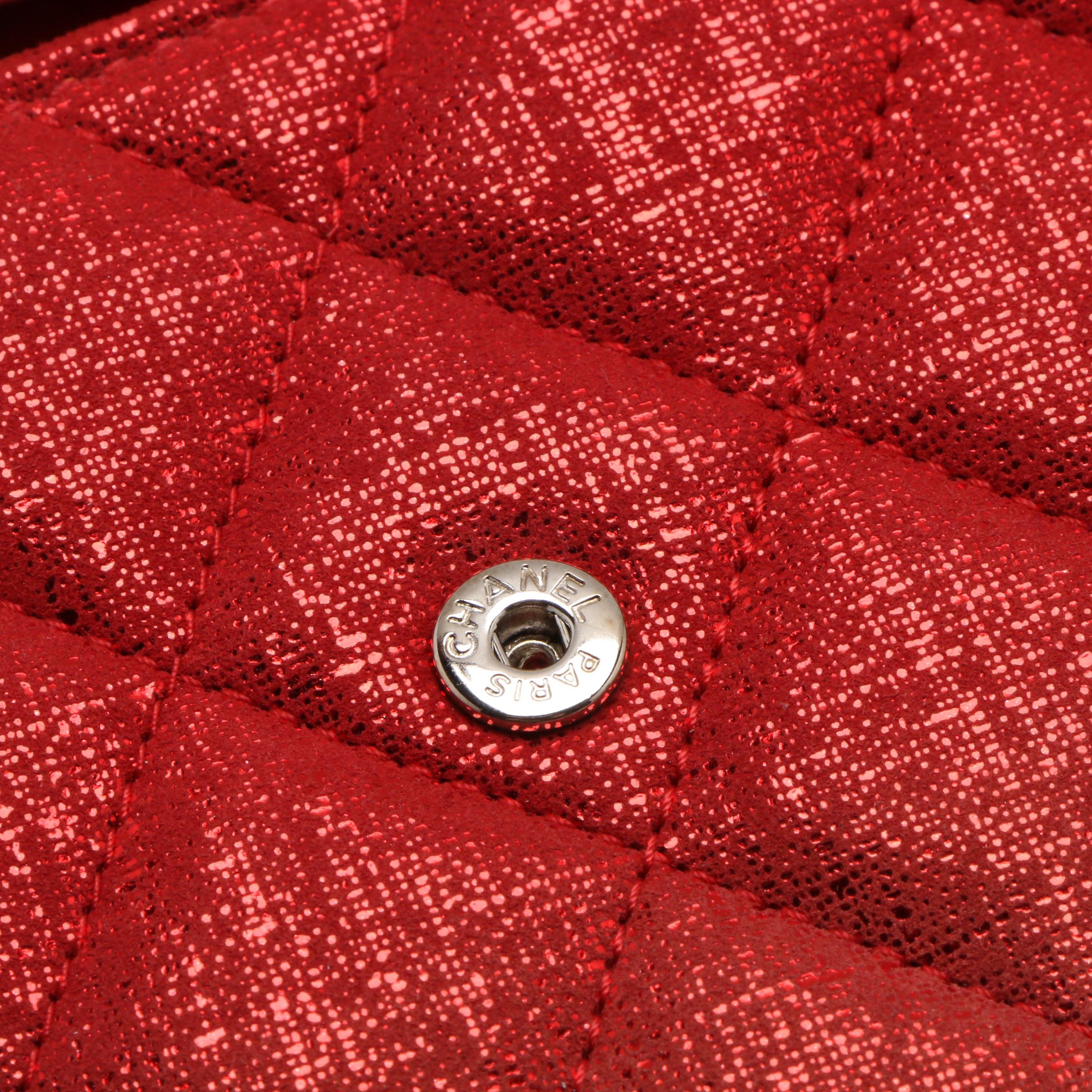 Chanel Red Metallic Quilted Suede CC Gusset Long Flap Wallet