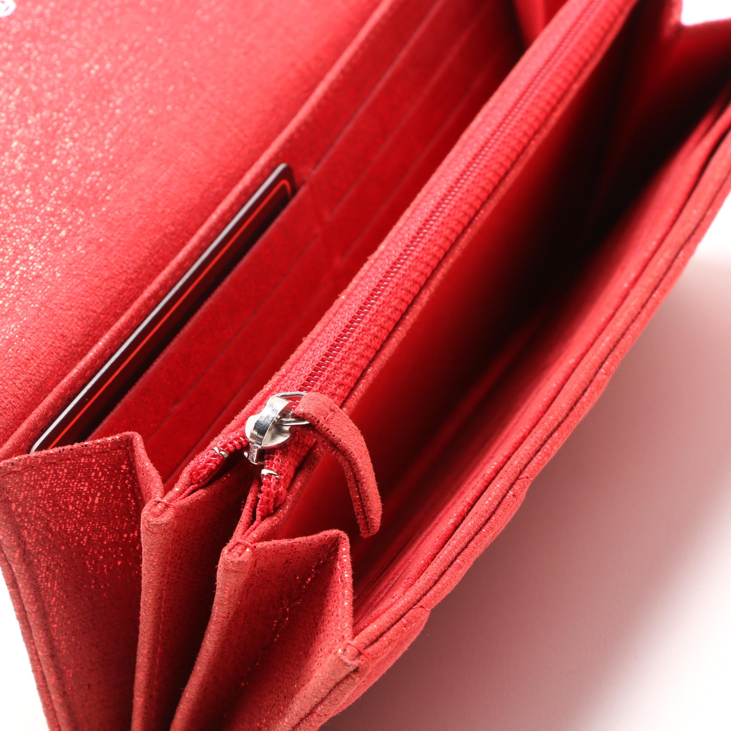 Chanel Red Metallic Quilted Suede CC Gusset Long Flap Wallet