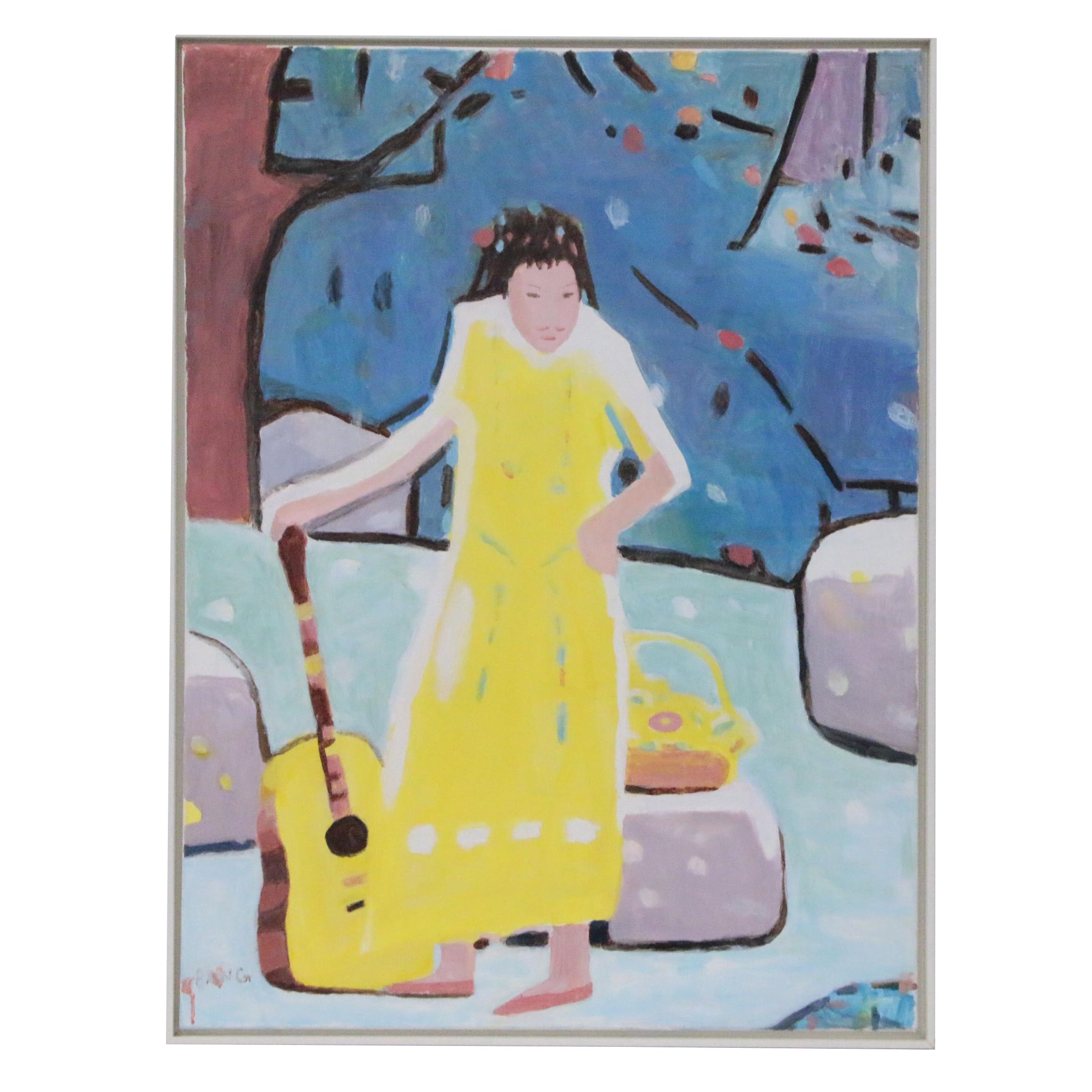Pang Jen Figural Oil Painting "Yellow Girl with Guitar"