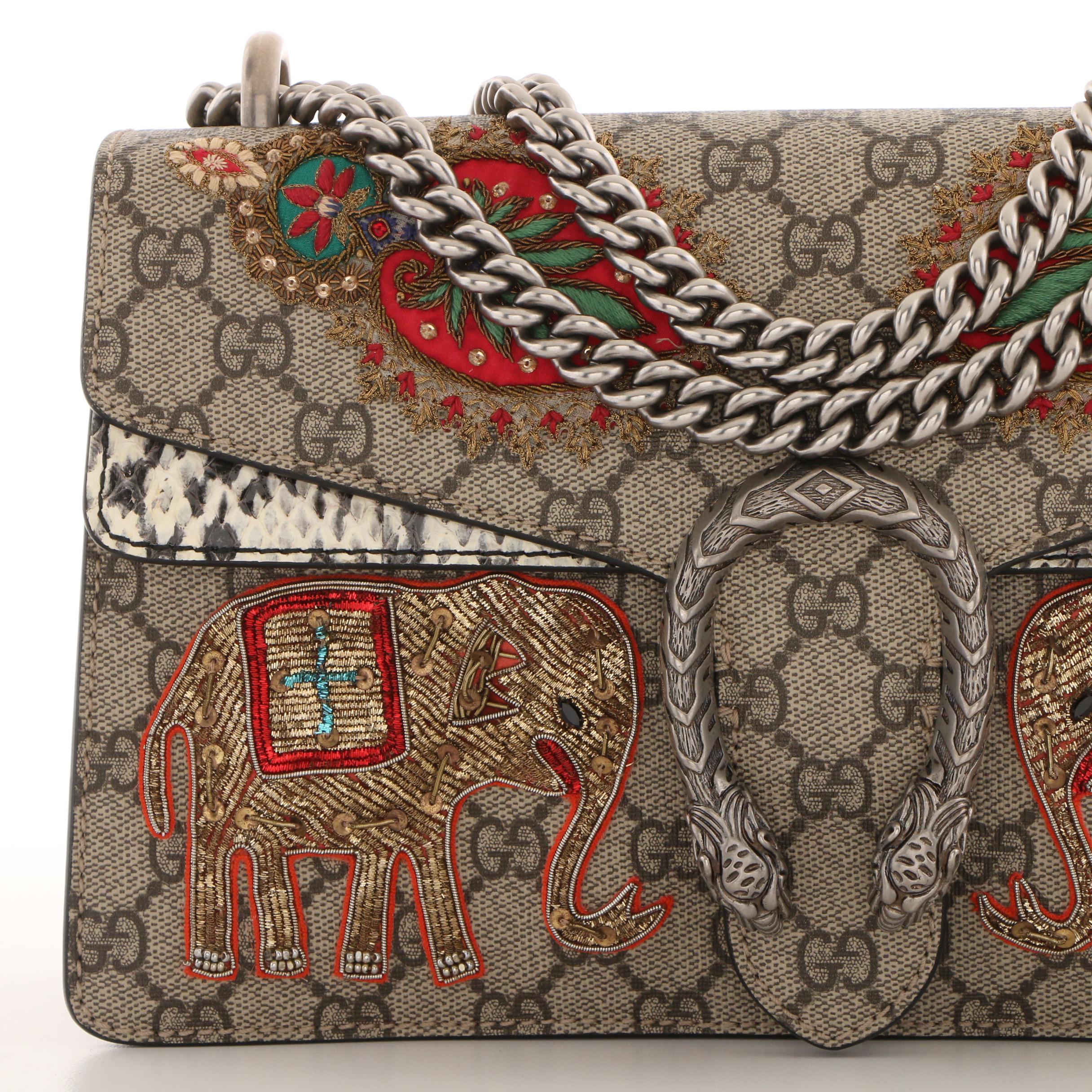 Gucci Embroidered GG Supreme Canvas and Python Small Elephant Dionysus Bag