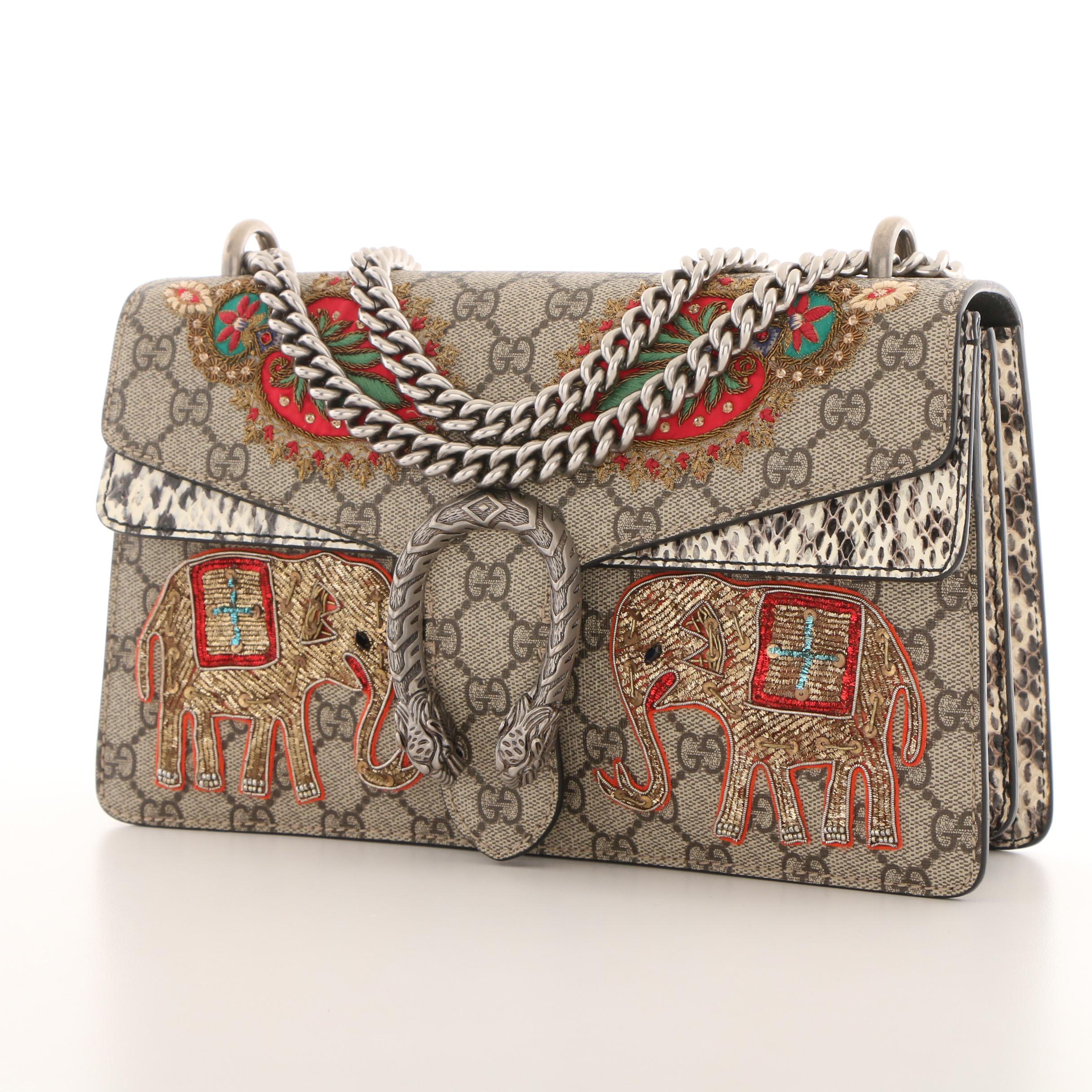 Gucci Embroidered GG Supreme Canvas and Python Small Elephant Dionysus Bag