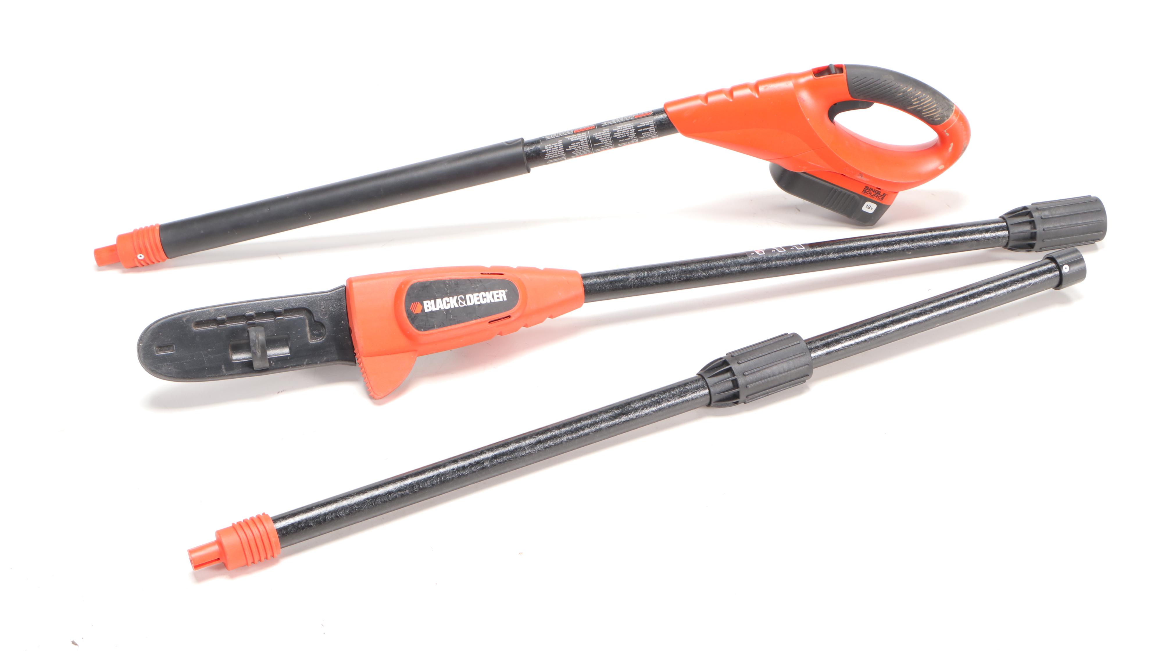 Black + Decker Battery Powered Chainsaw, Pole Saw, and Leaf Blower
