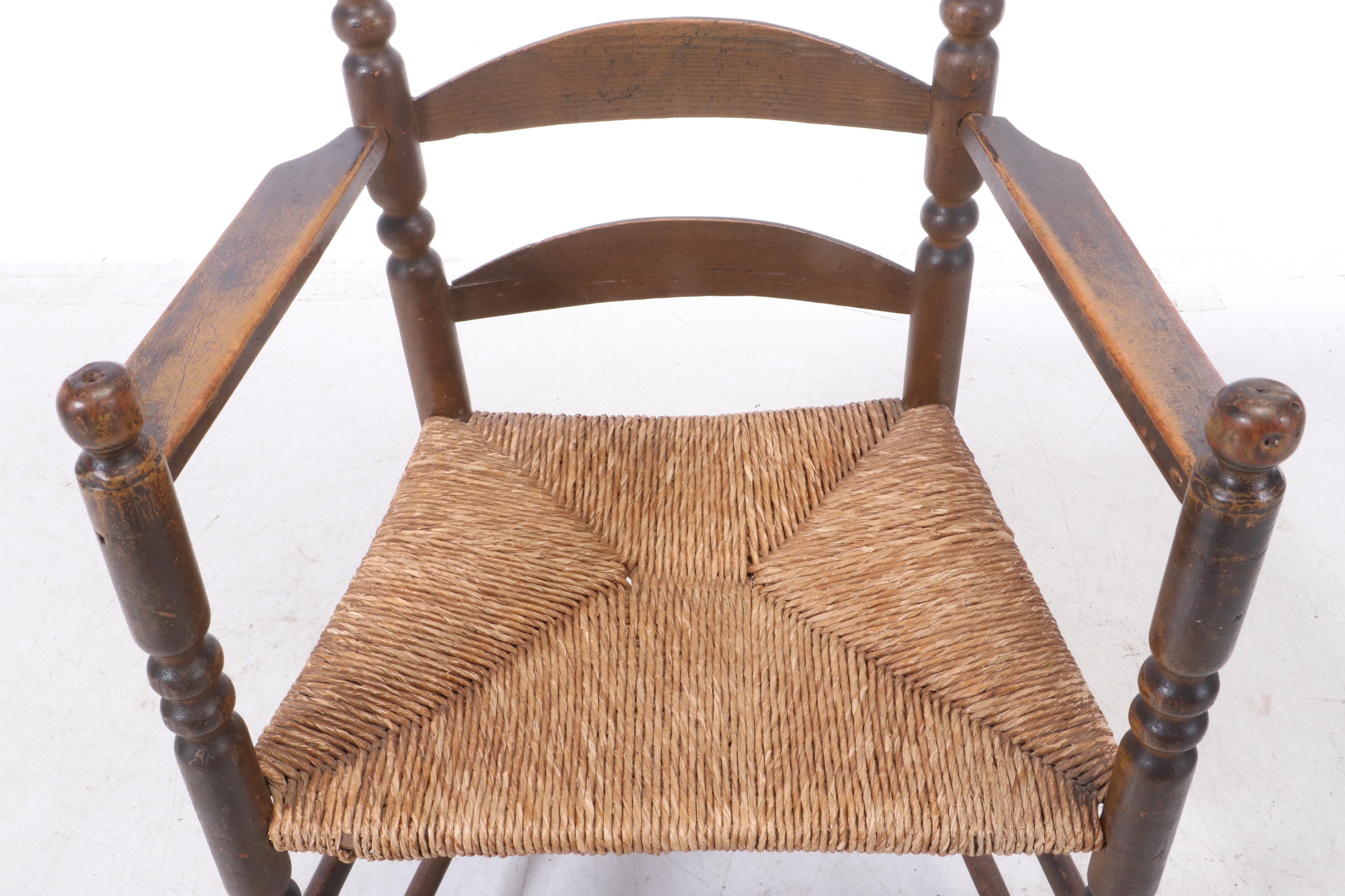 Early American Ladder-Back Armchair with Rush Seat, Early 19th Century