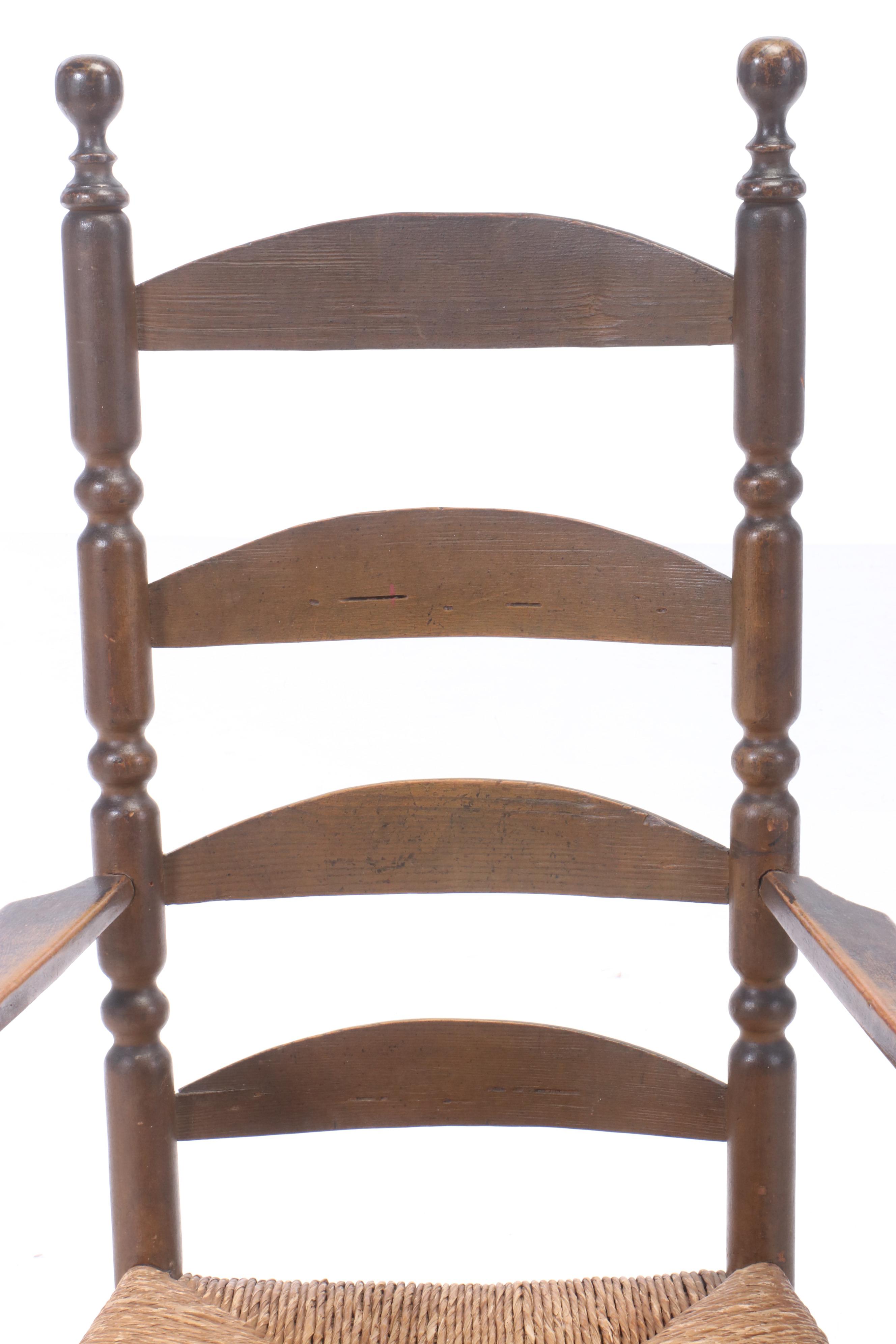 Early American Ladder-Back Armchair with Rush Seat, Early 19th Century