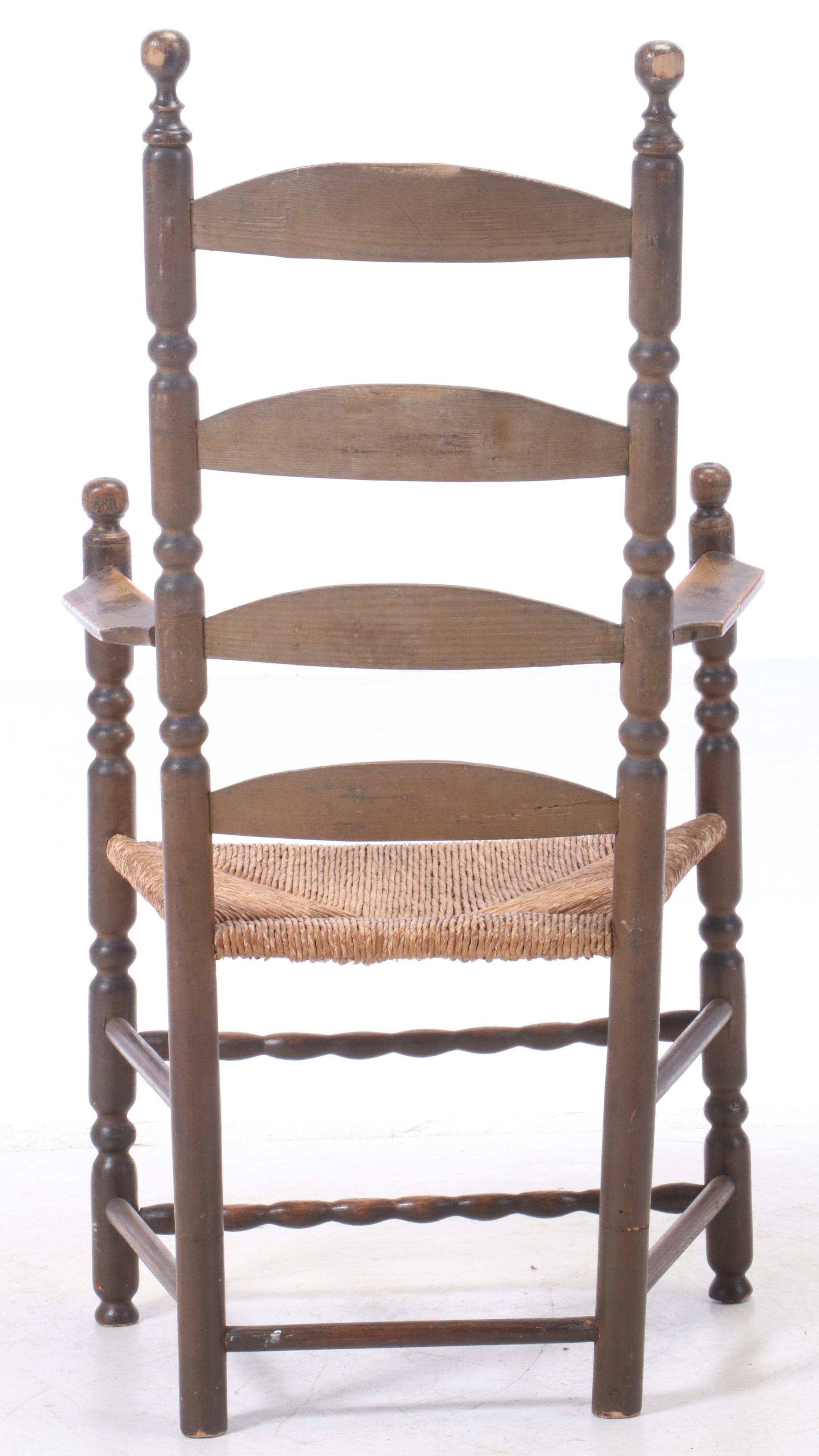 Early American Ladder-Back Armchair with Rush Seat, Early 19th Century