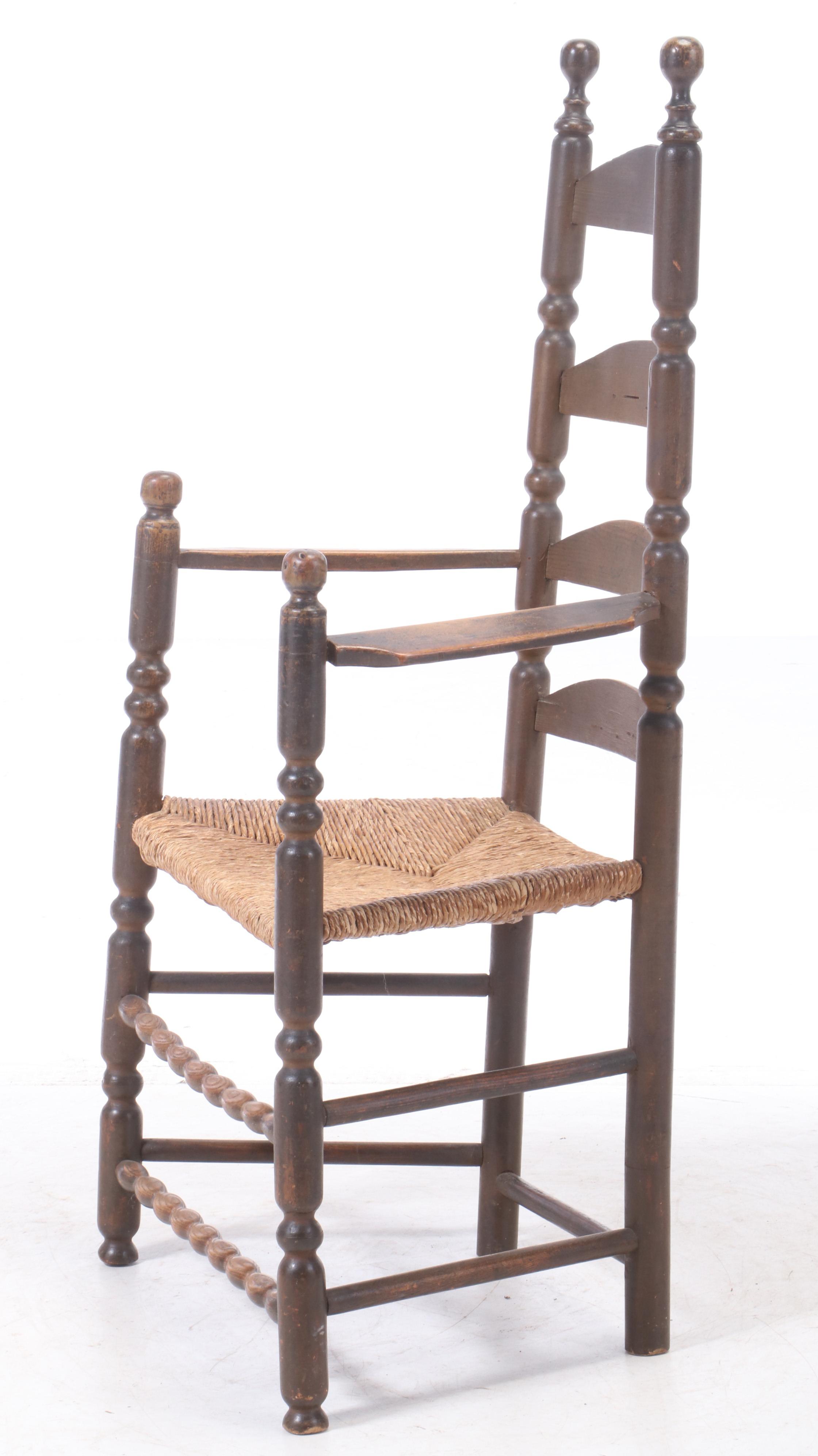 Early American Ladder-Back Armchair with Rush Seat, Early 19th Century