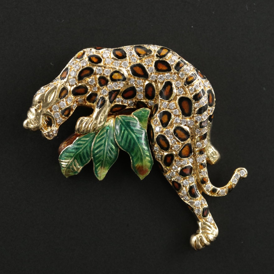 Vintage 18K Gold Diamond and Enamel Jaguar Converter Brooch