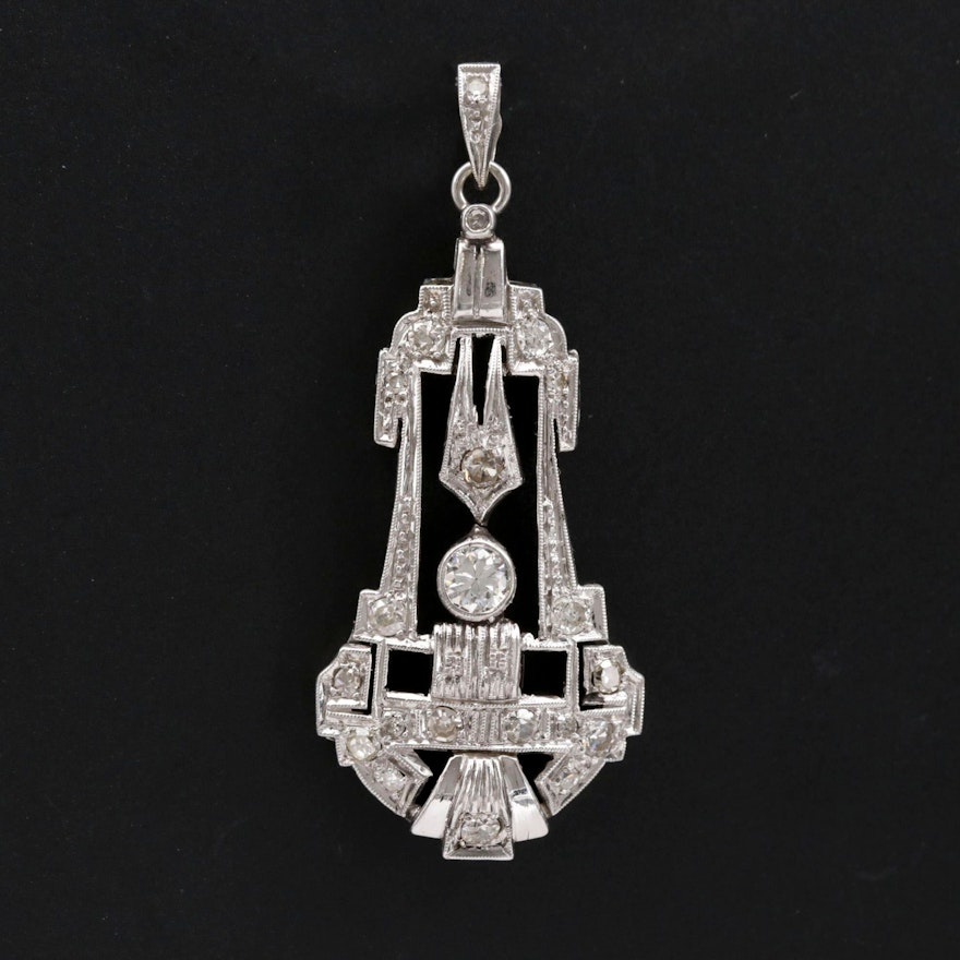 Circa 1922 Art Deco 14K White Gold Diamond Pendant