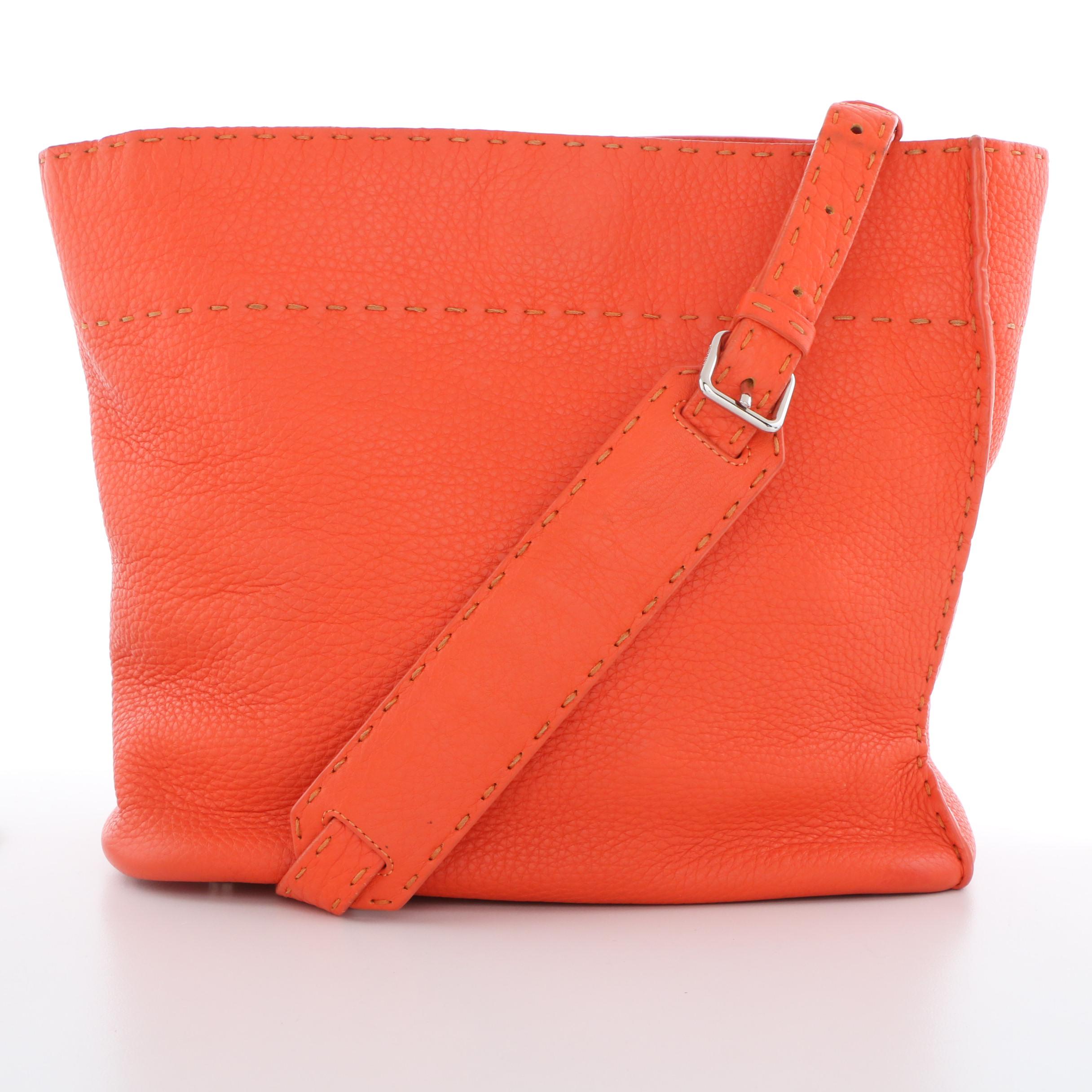 Fendi Selleria Anna Small Orange Leather Bucket Bag with Sterling