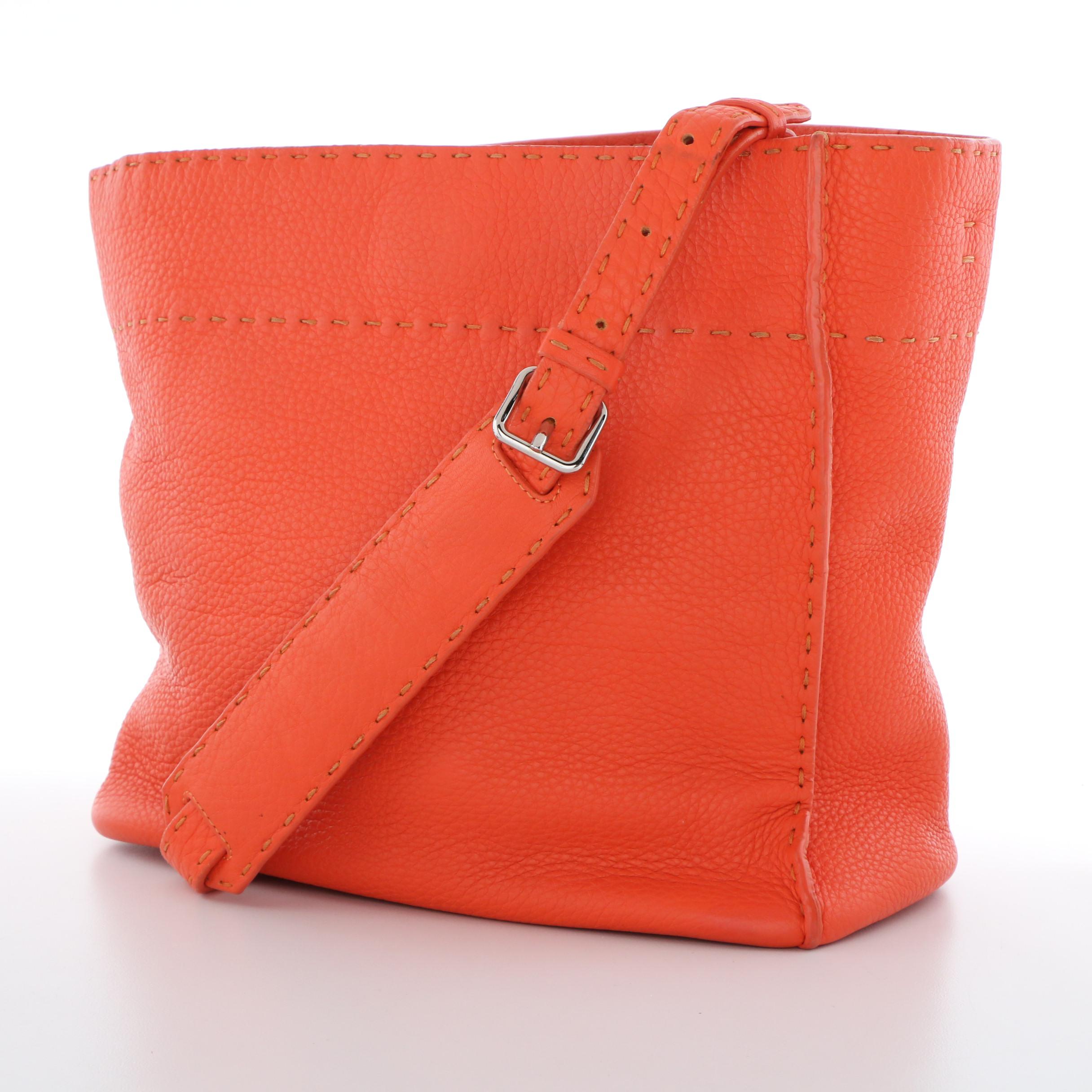 Fendi Selleria Anna Small Orange Leather Bucket Bag with Sterling