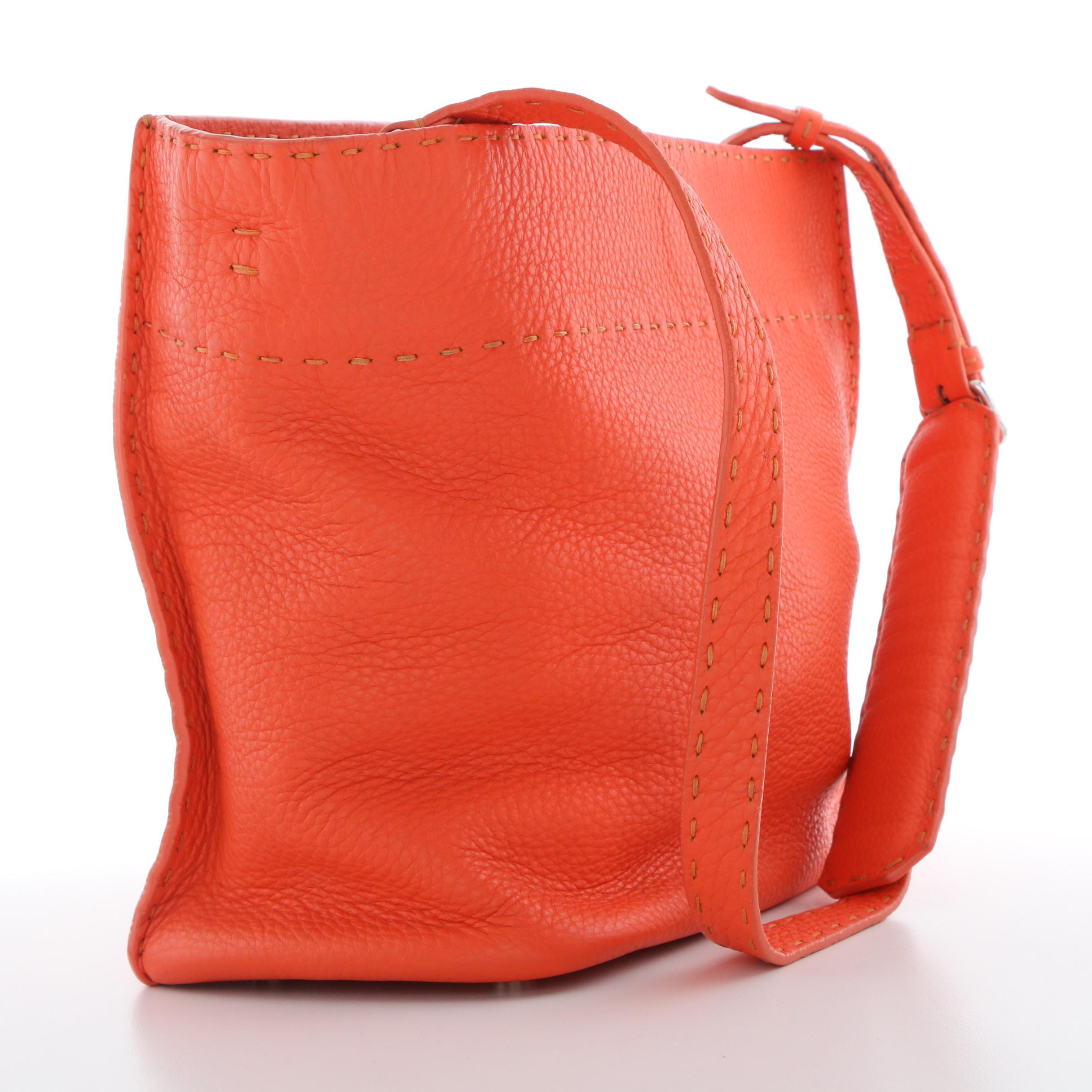 Fendi Selleria Anna Small Orange Leather Bucket Bag with Sterling