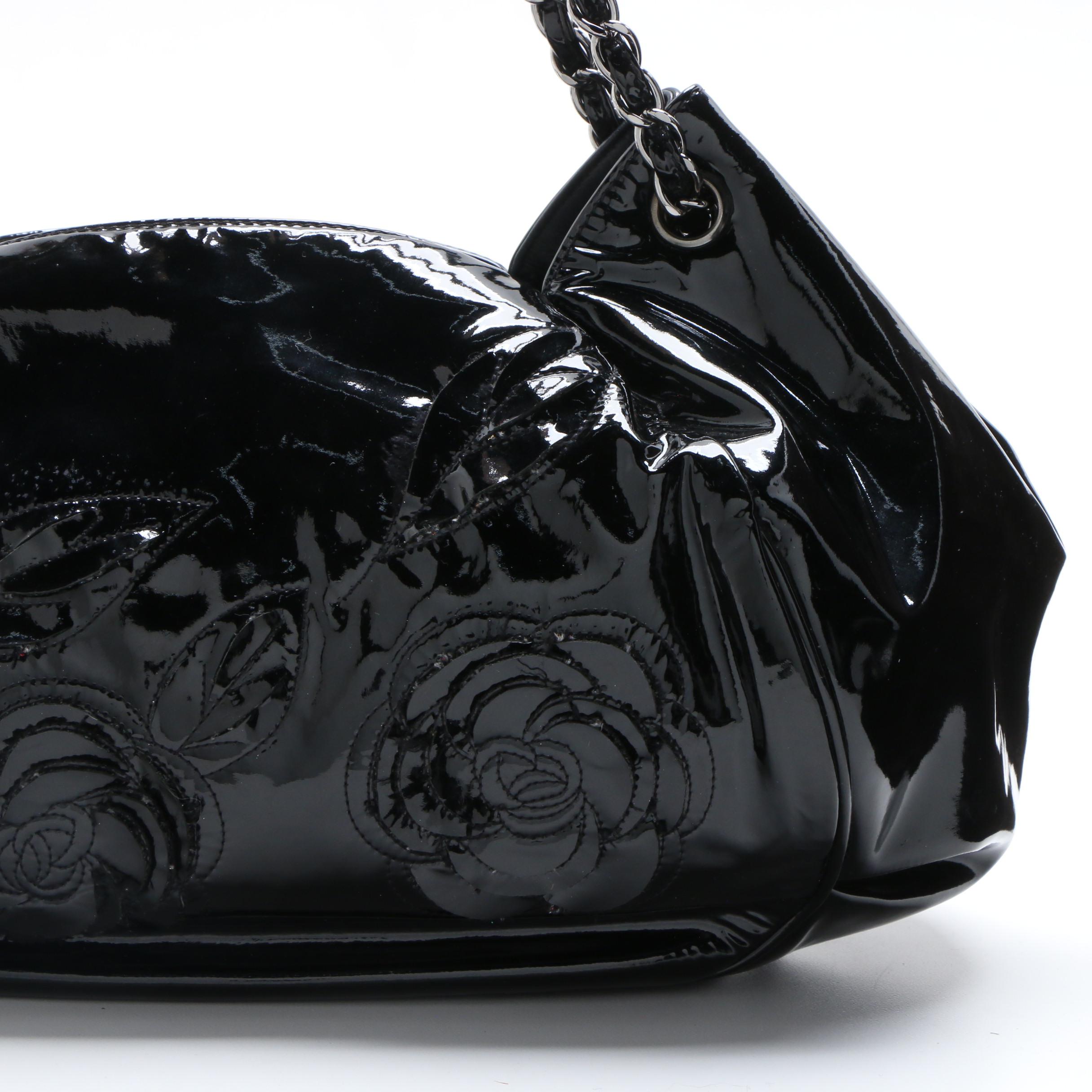 Chanel Black Patent Leather Large Tweed Petals Camellia Accordion Bag