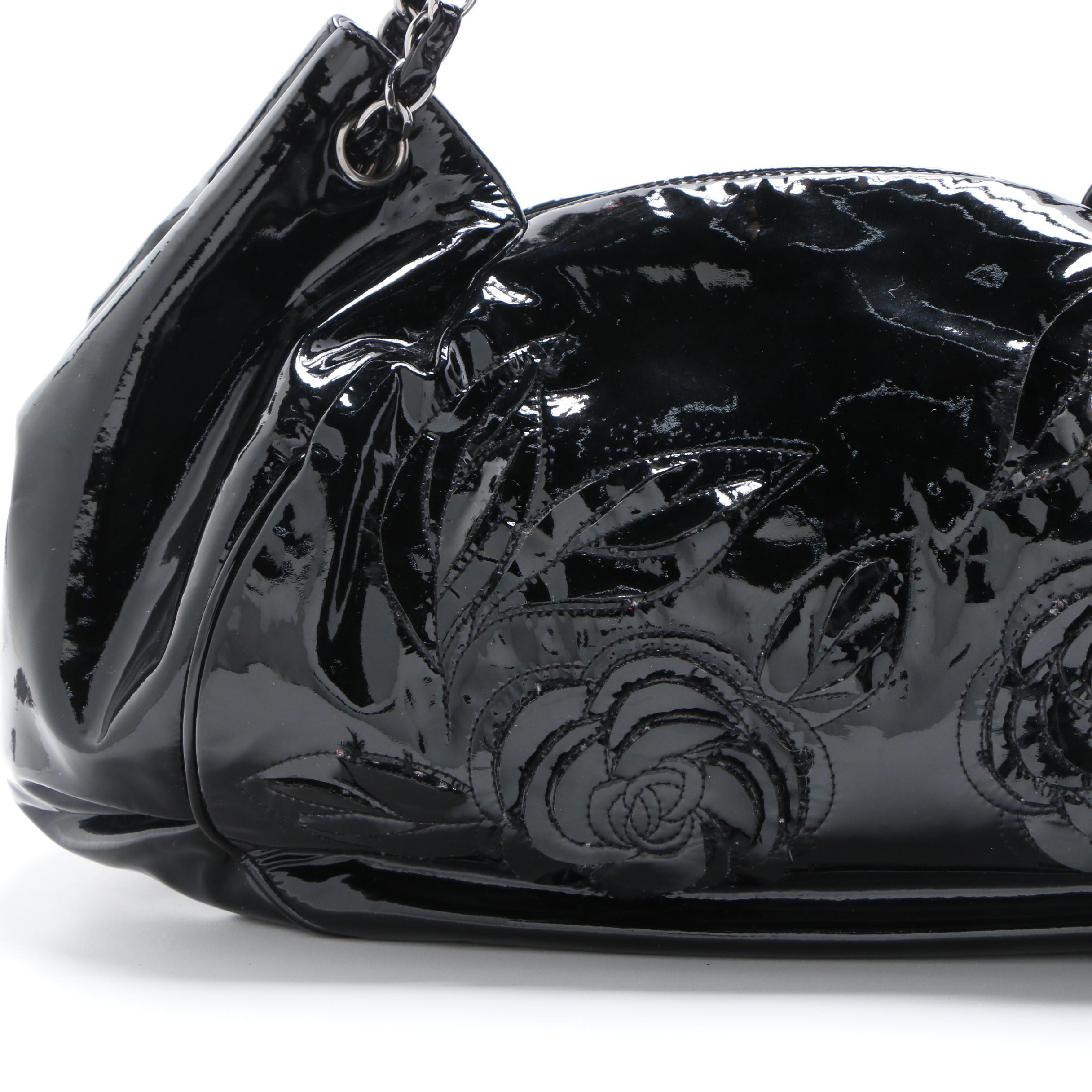 Chanel Black Patent Leather Large Tweed Petals Camellia Accordion Bag