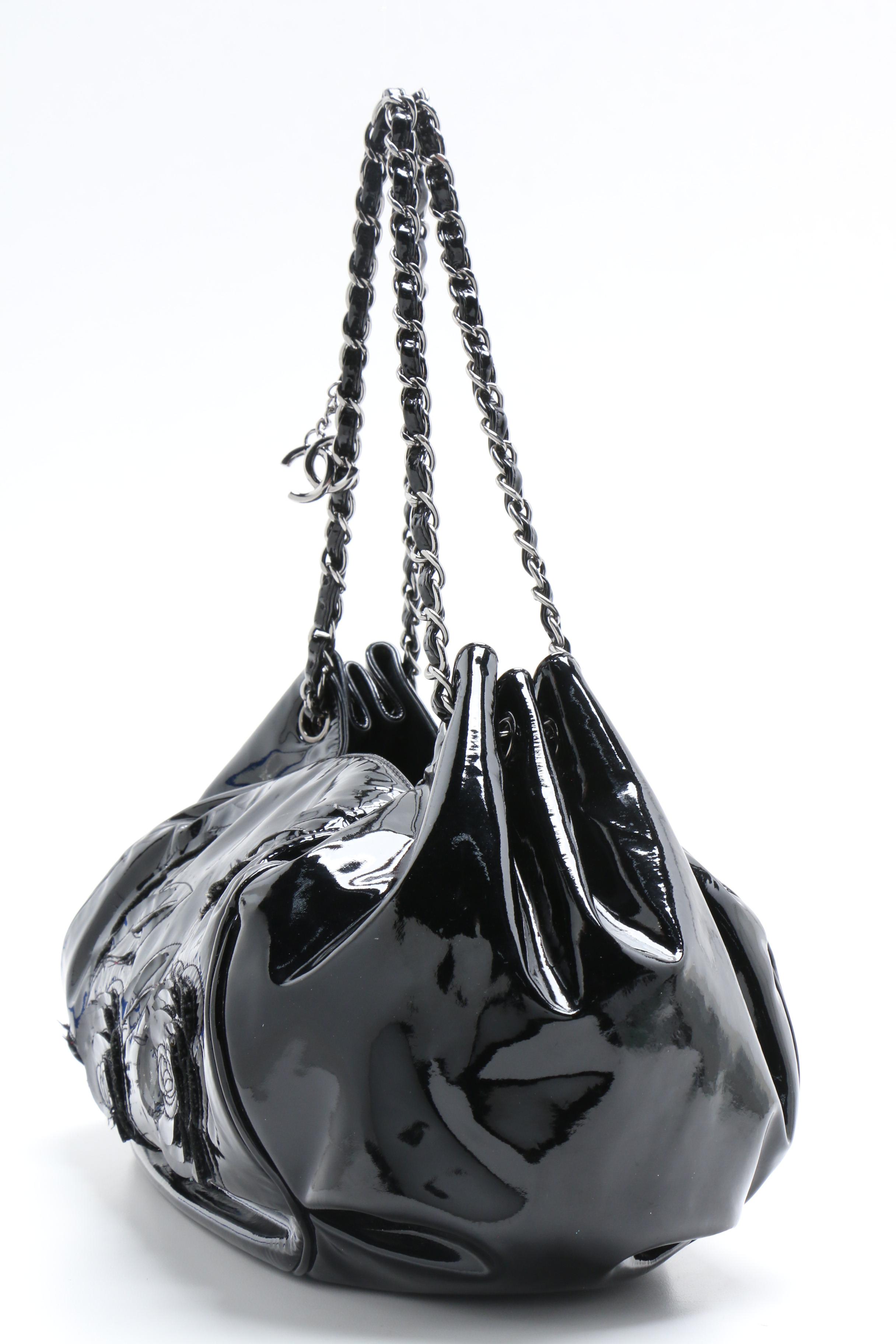 Chanel Black Patent Leather Large Tweed Petals Camellia Accordion Bag