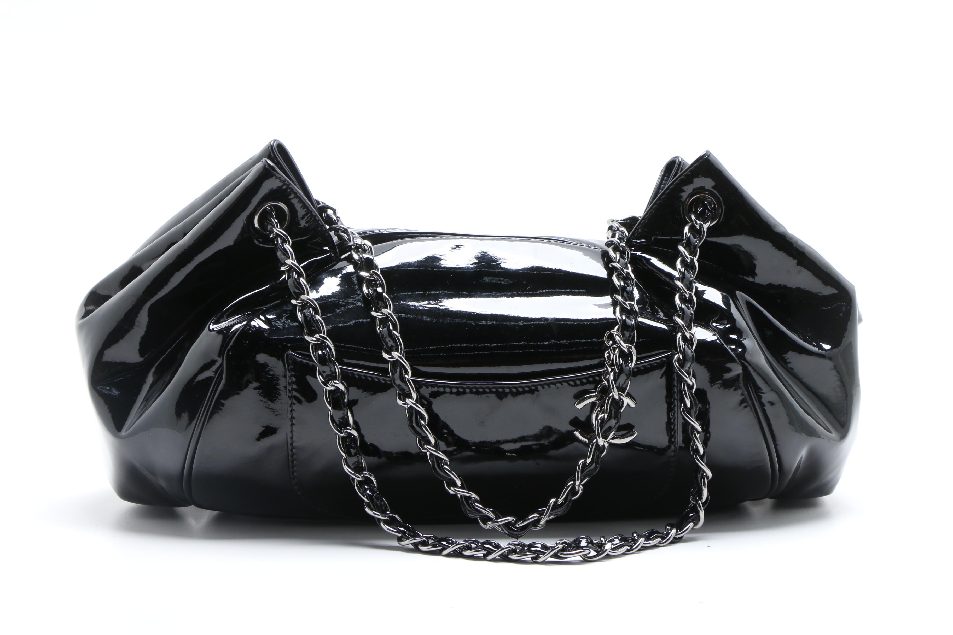 Chanel Black Patent Leather Large Tweed Petals Camellia Accordion Bag