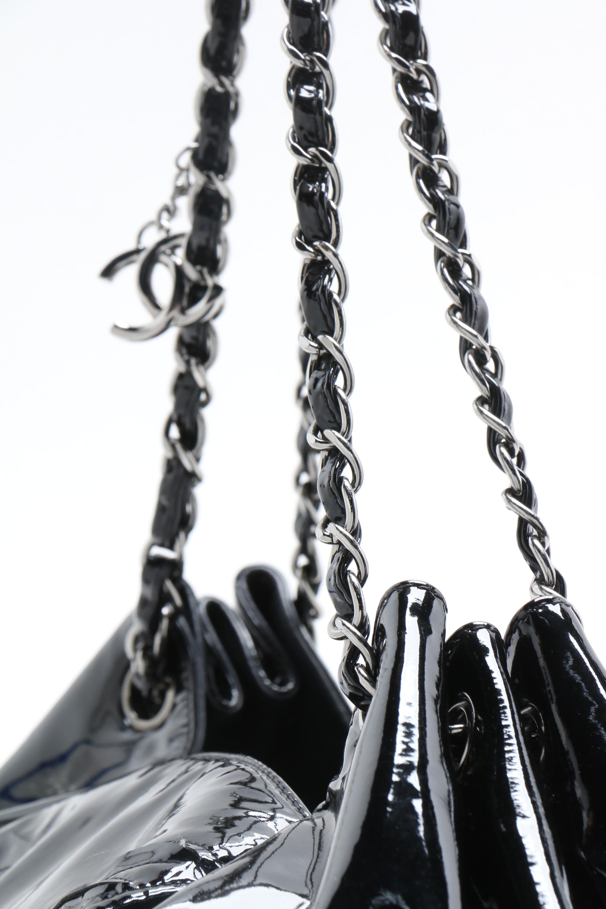 Chanel Black Patent Leather Large Tweed Petals Camellia Accordion Bag