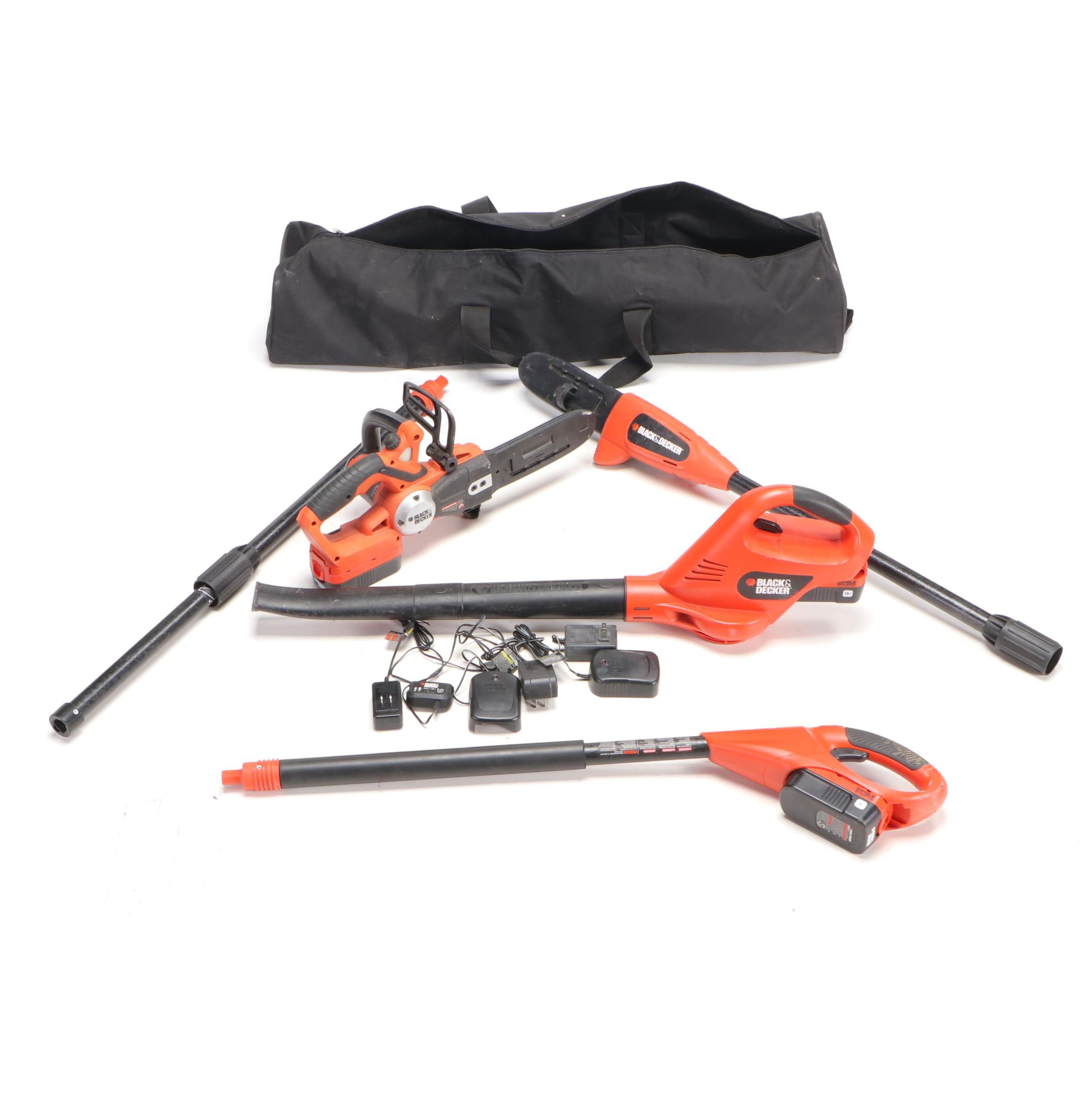 Black + Decker Battery Powered Chainsaw, Pole Saw, and Leaf Blower