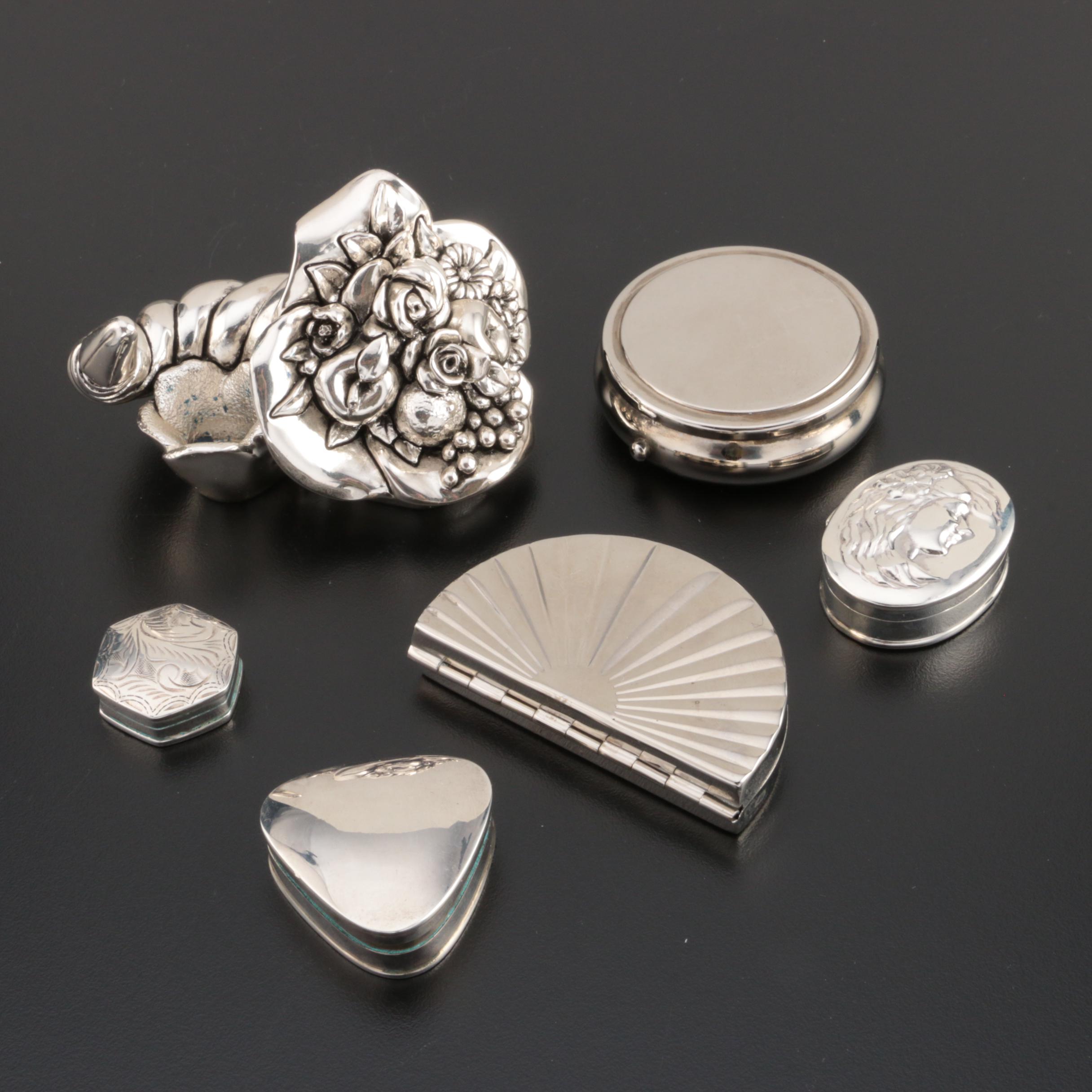 Sterling and Silver Plate Pill Boxes with Italian Electroform Candleholder