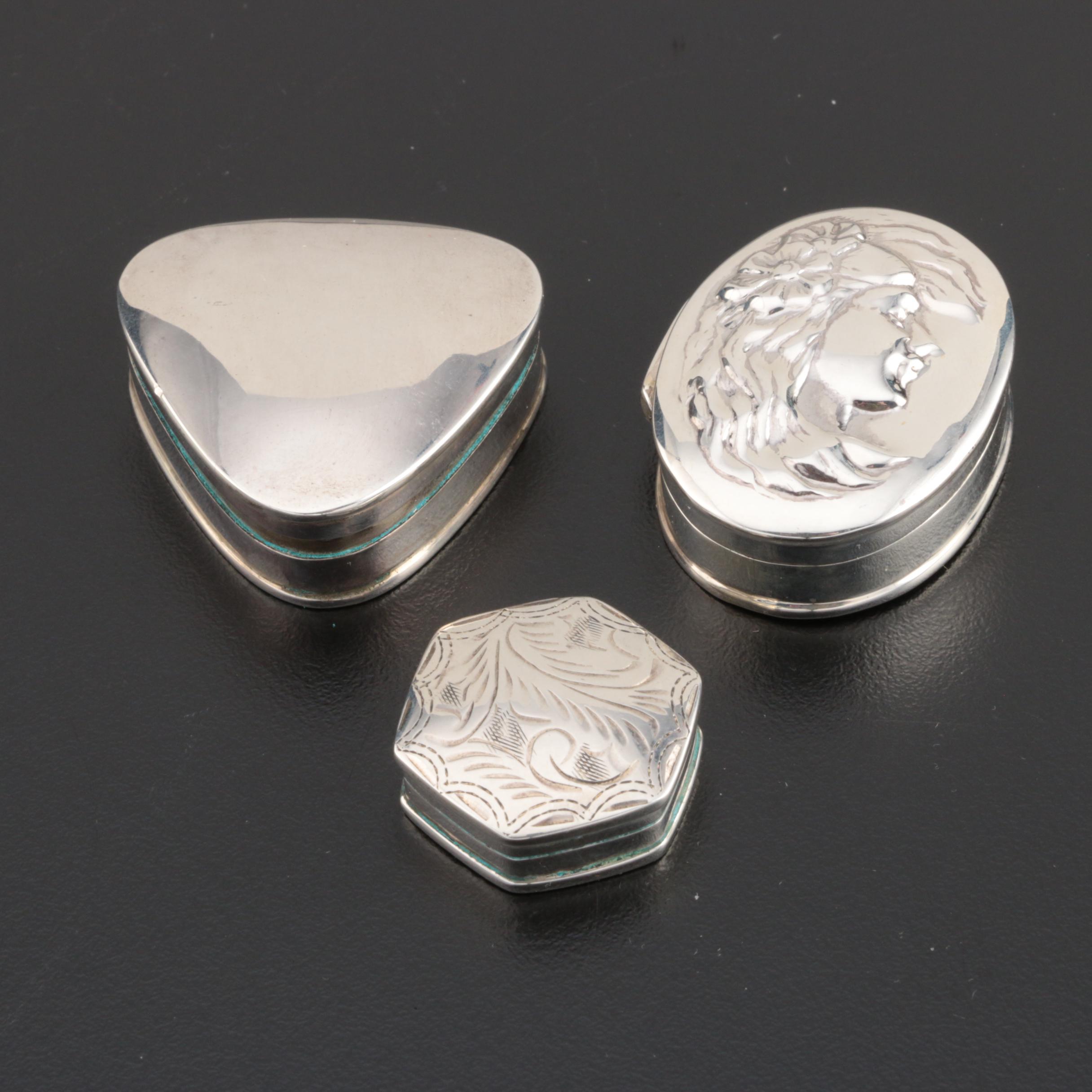 Sterling and Silver Plate Pill Boxes with Italian Electroform Candleholder