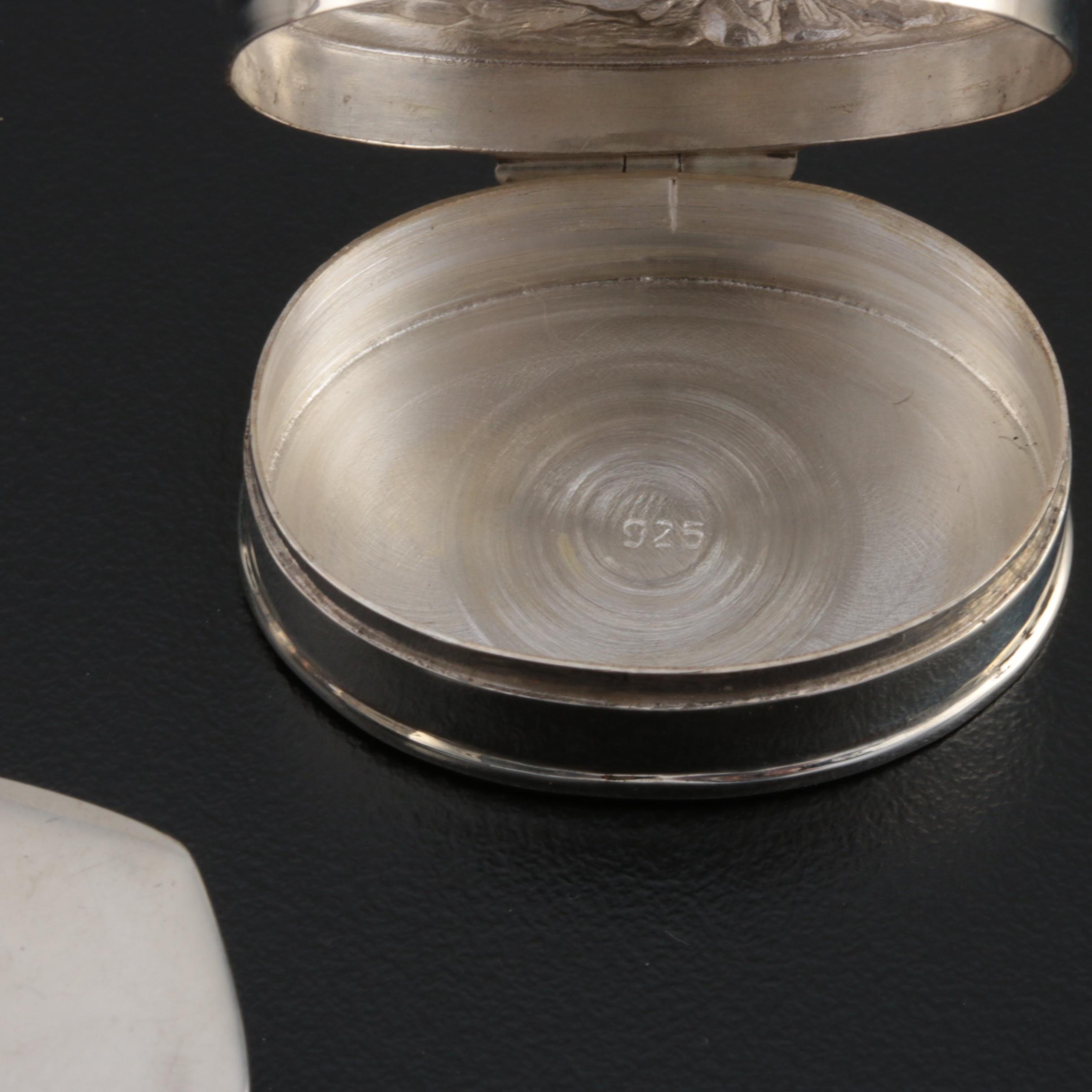 Sterling and Silver Plate Pill Boxes with Italian Electroform Candleholder