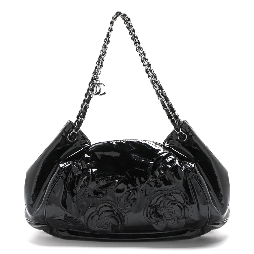 Chanel Black Patent Leather Large Tweed Petals Camellia Accordion Bag