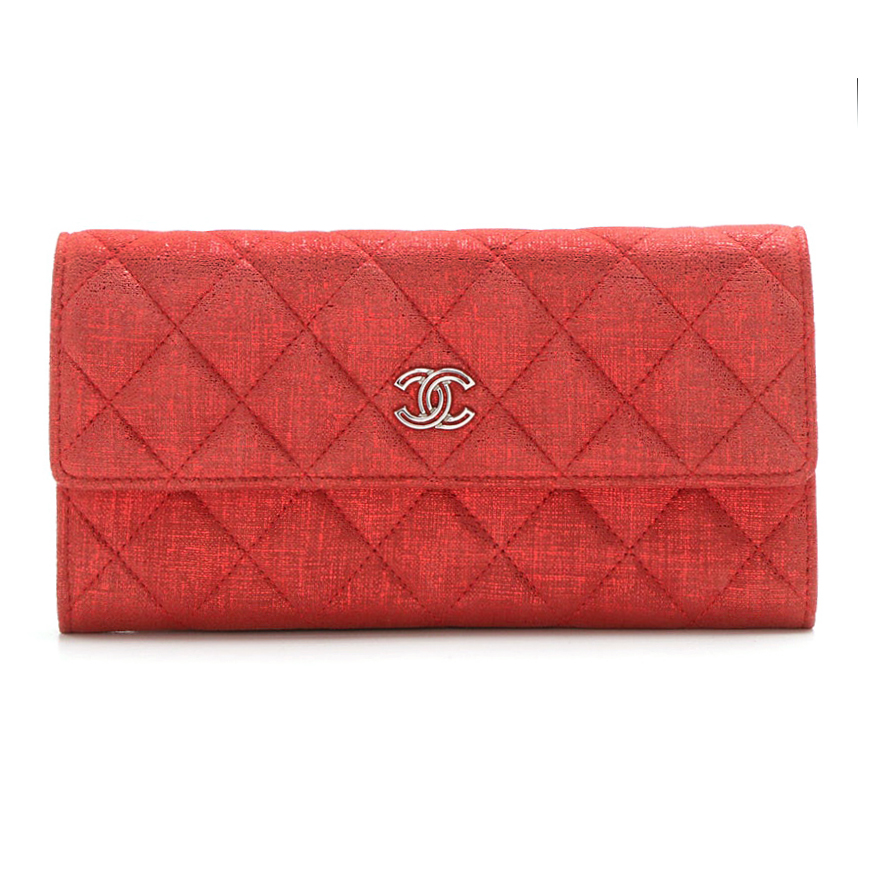 Chanel Red Metallic Quilted Suede CC Gusset Long Flap Wallet