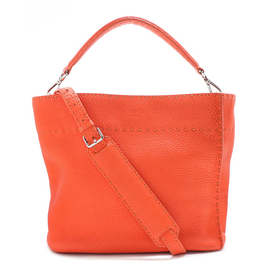 Fendi Selleria Anna Small Orange Leather Bucket Bag with Sterling
