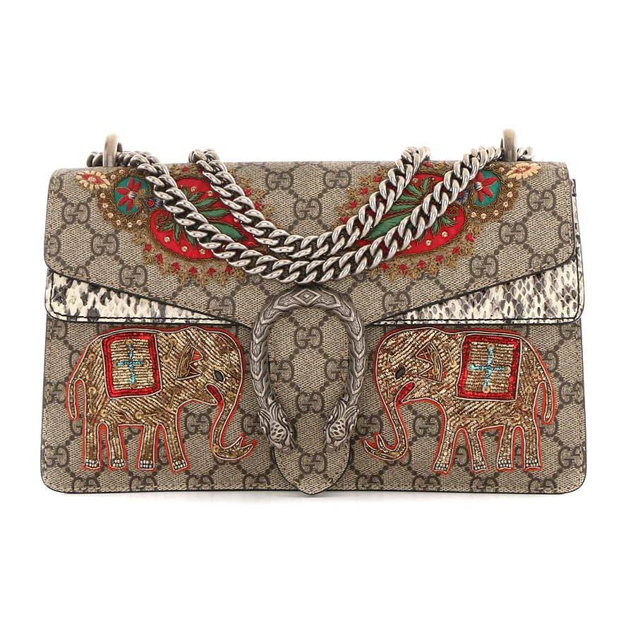 Gucci Embroidered GG Supreme Canvas and Python Small Elephant Dionysus Bag