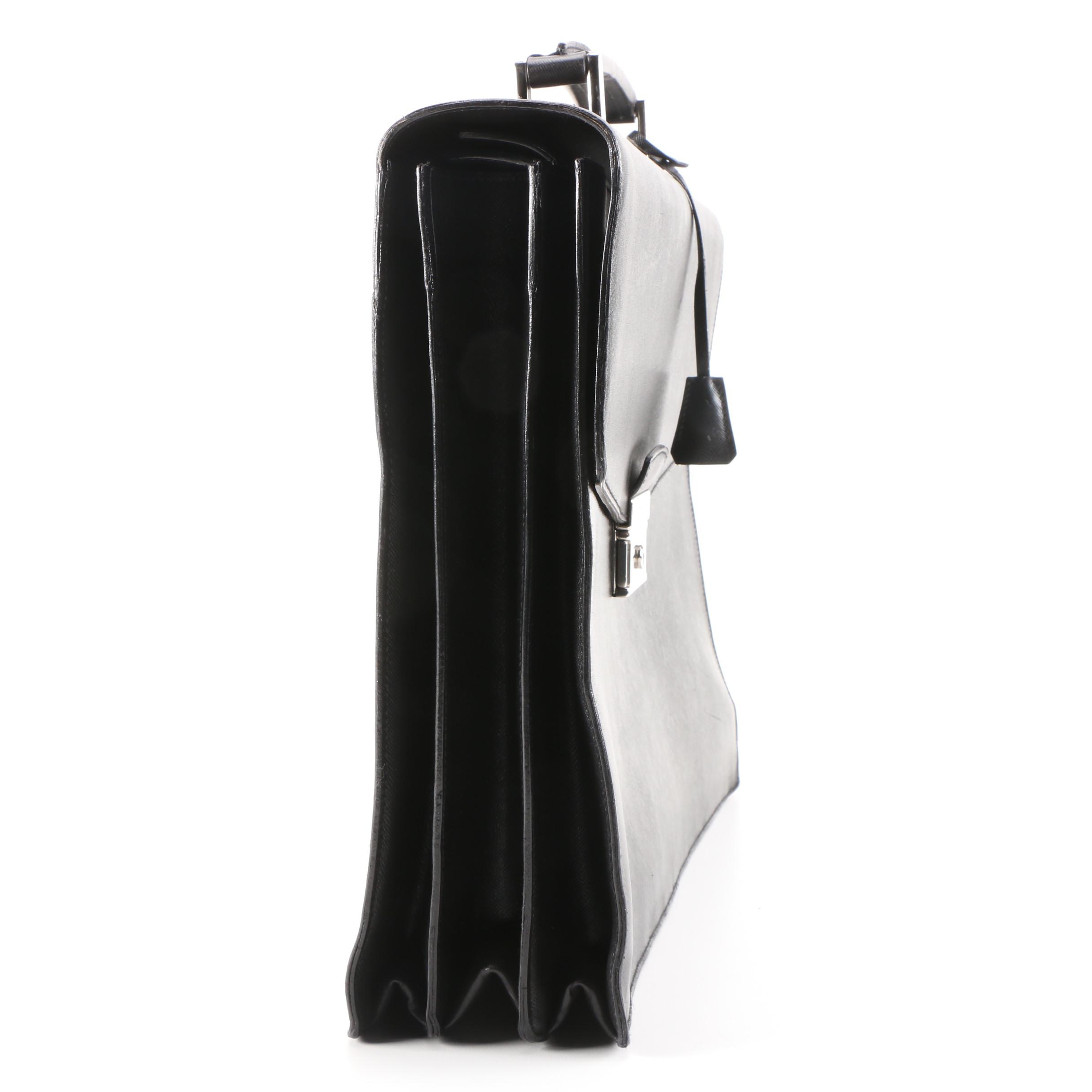 Prada Black Saffiano Leather Squeeze Lock Briefcase