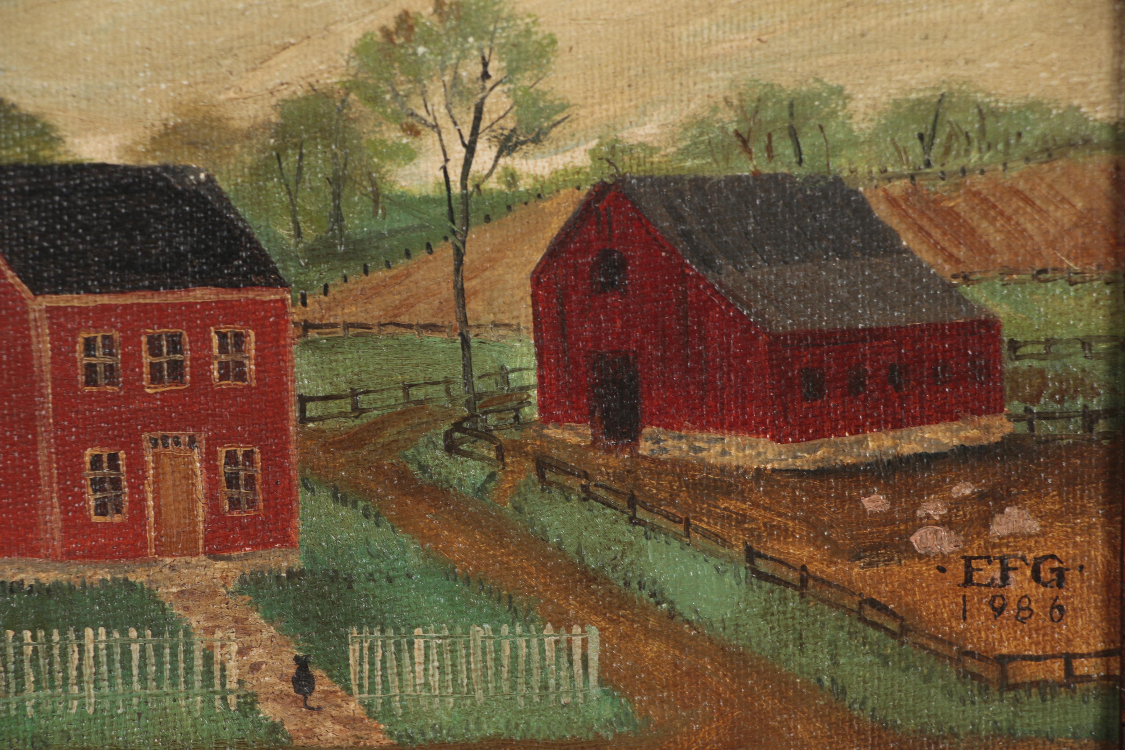 Elizabeth F. Gilkey Folk Art Oil Painting "Pennsylvania Farm House"