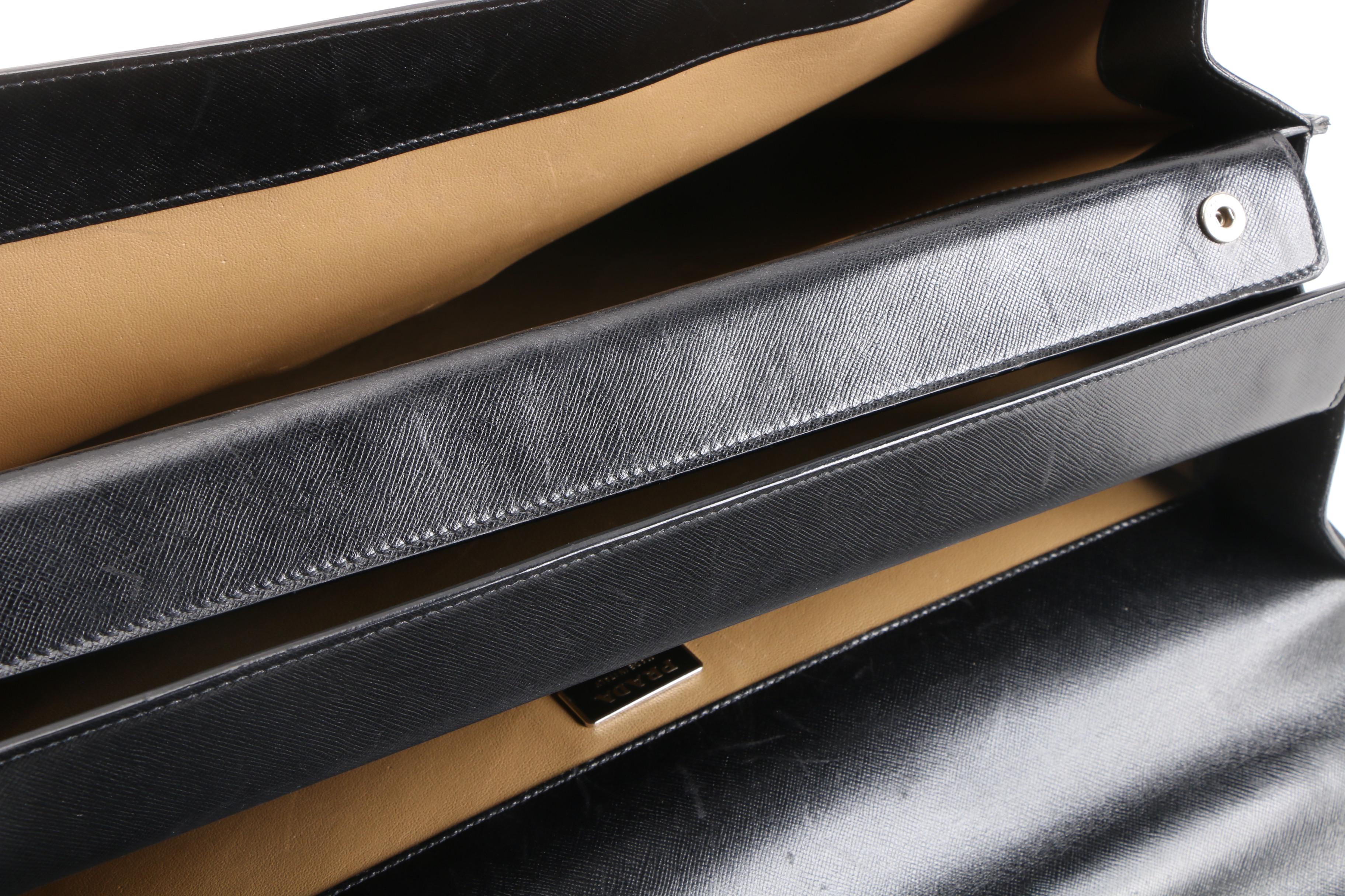 Prada Black Saffiano Leather Squeeze Lock Briefcase