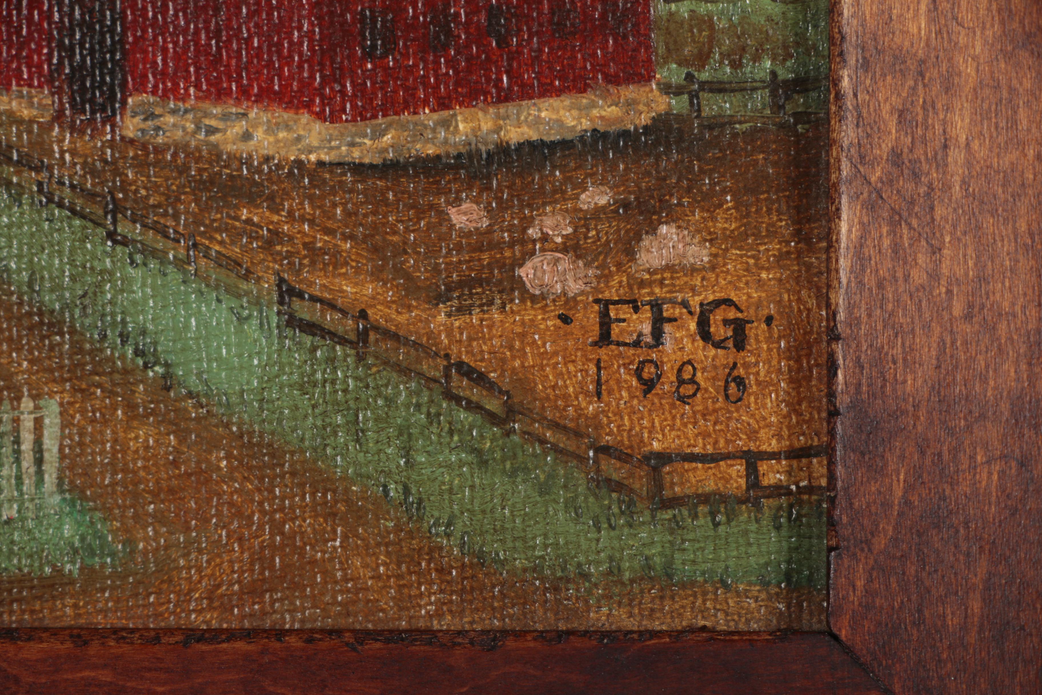 Elizabeth F. Gilkey Folk Art Oil Painting "Pennsylvania Farm House"