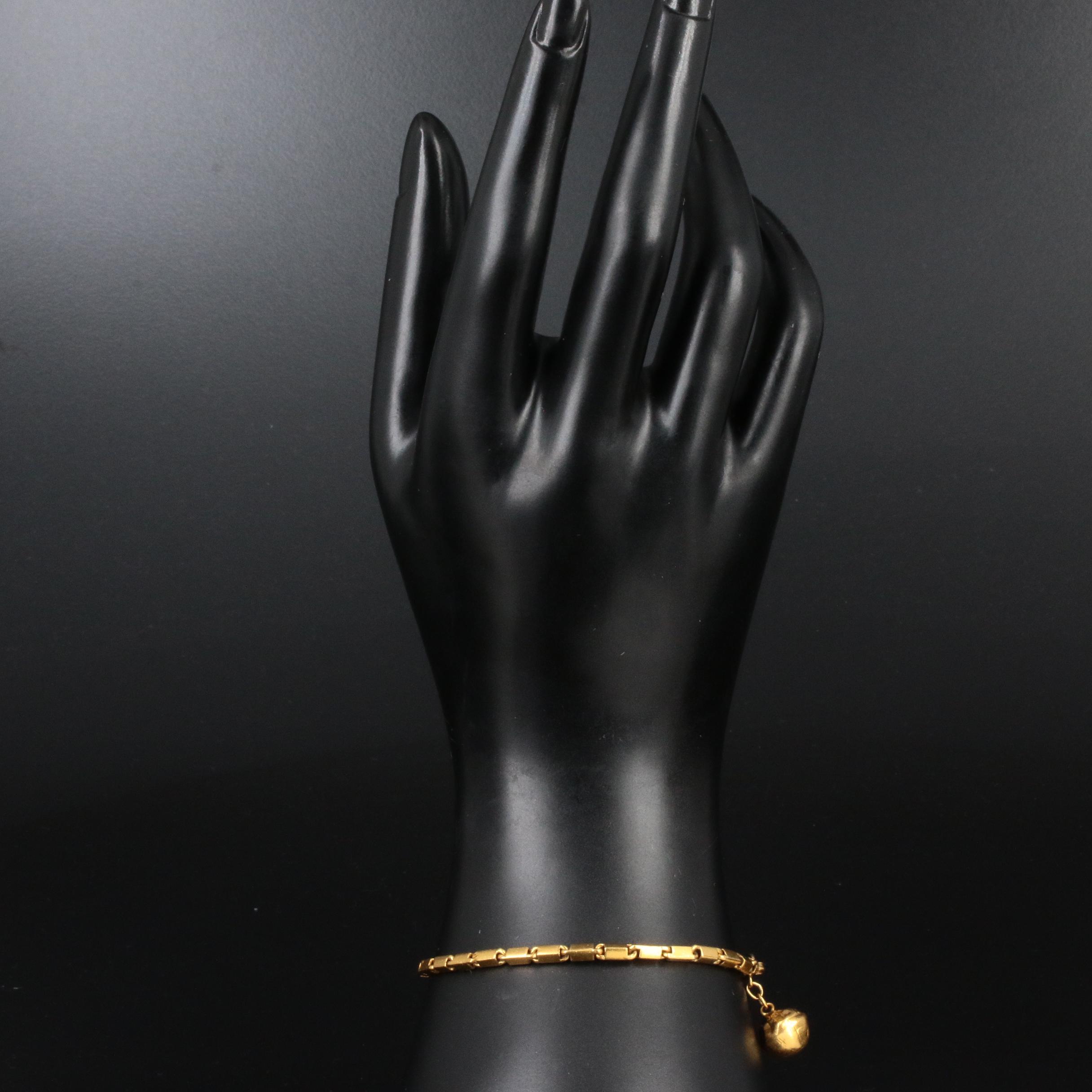 22K Gold Baht Chain Bracelet with Dimpled Orb Charm