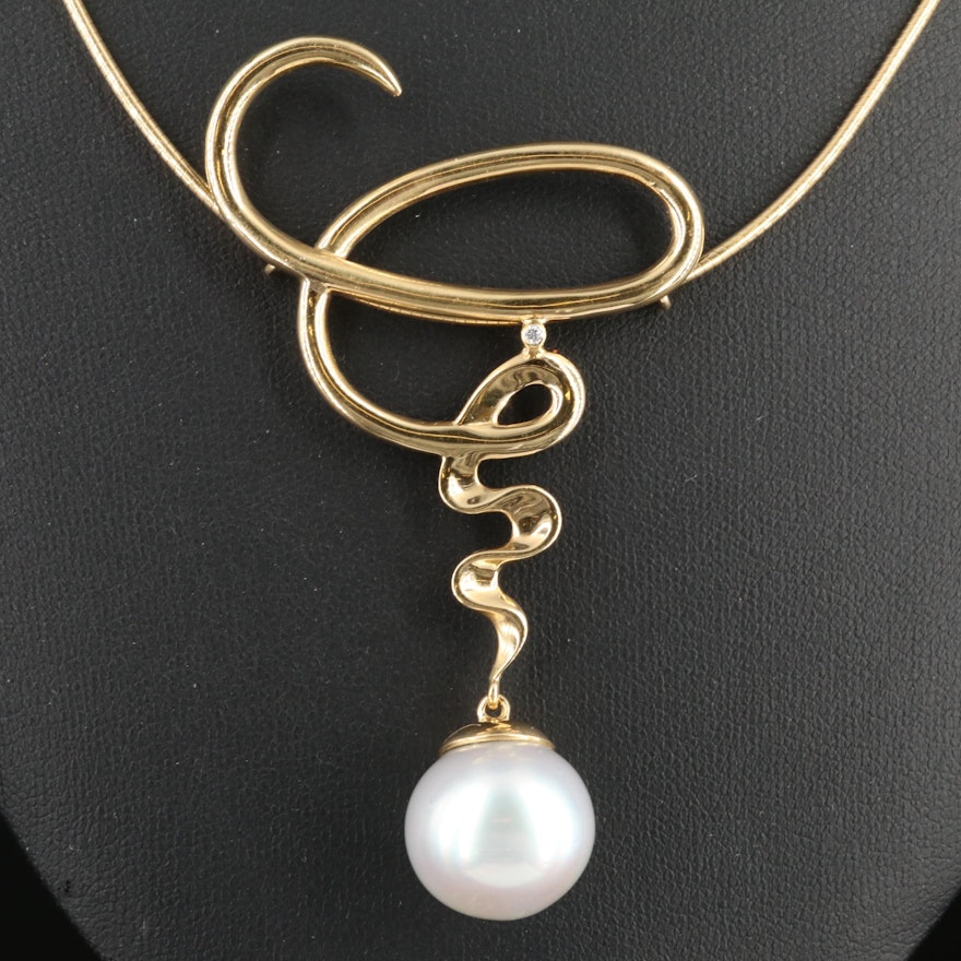 18K Gold Pearl and Diamond Necklace Featuring Swirling Motif