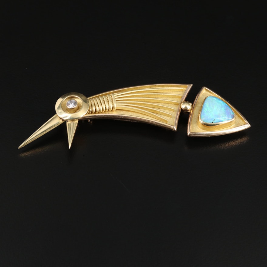 Signed 18K Gold Opal and Diamond Articulating Fish Brooch
