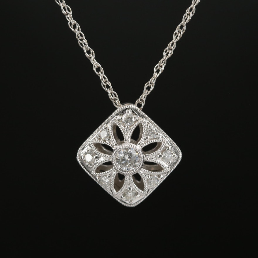 18K White Gold Diamond Pendant with 14K Gold Singapore Chain Necklace