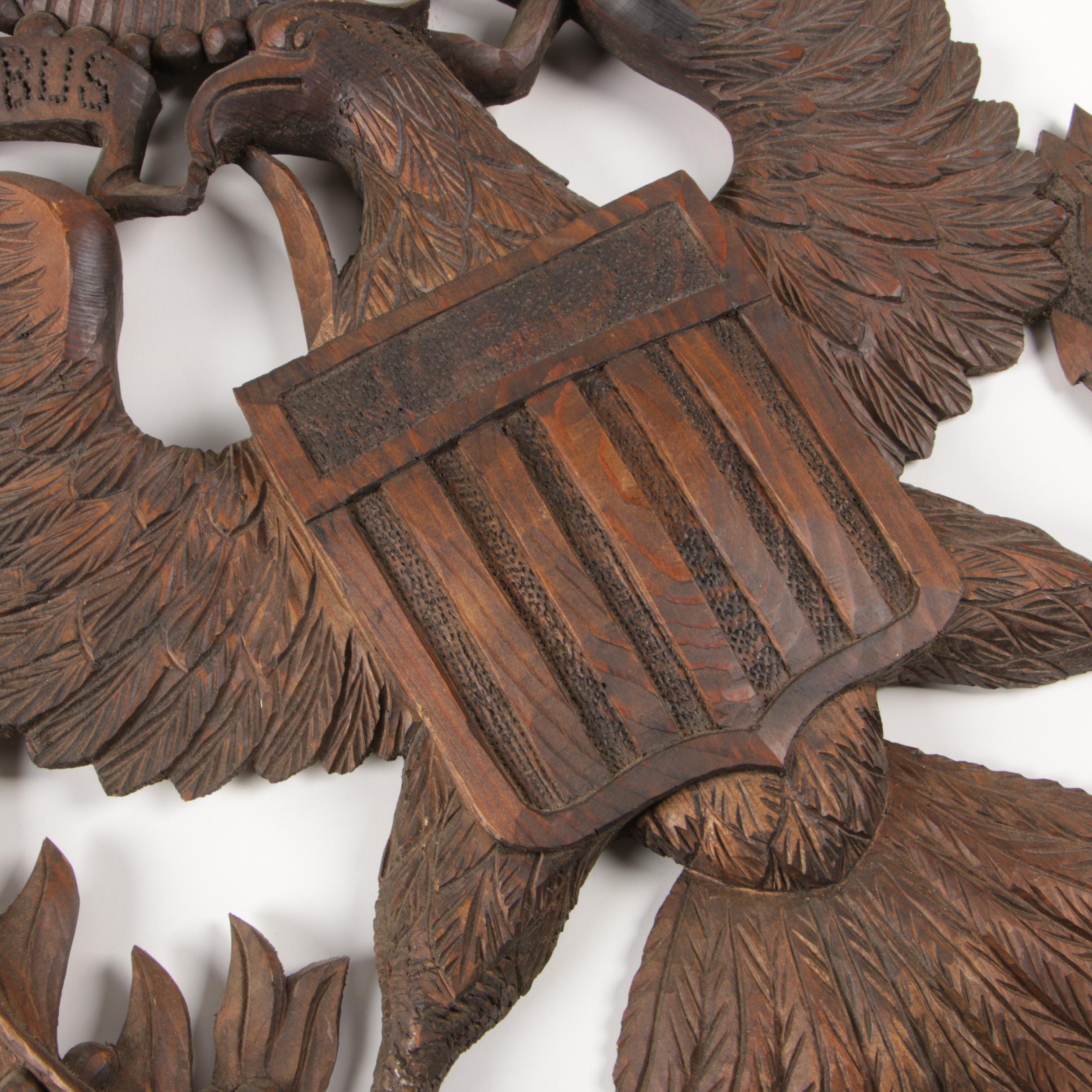 Carved Pine "E Pluribus Unum" American Eagle Wall Plaque, Mid-20th Century