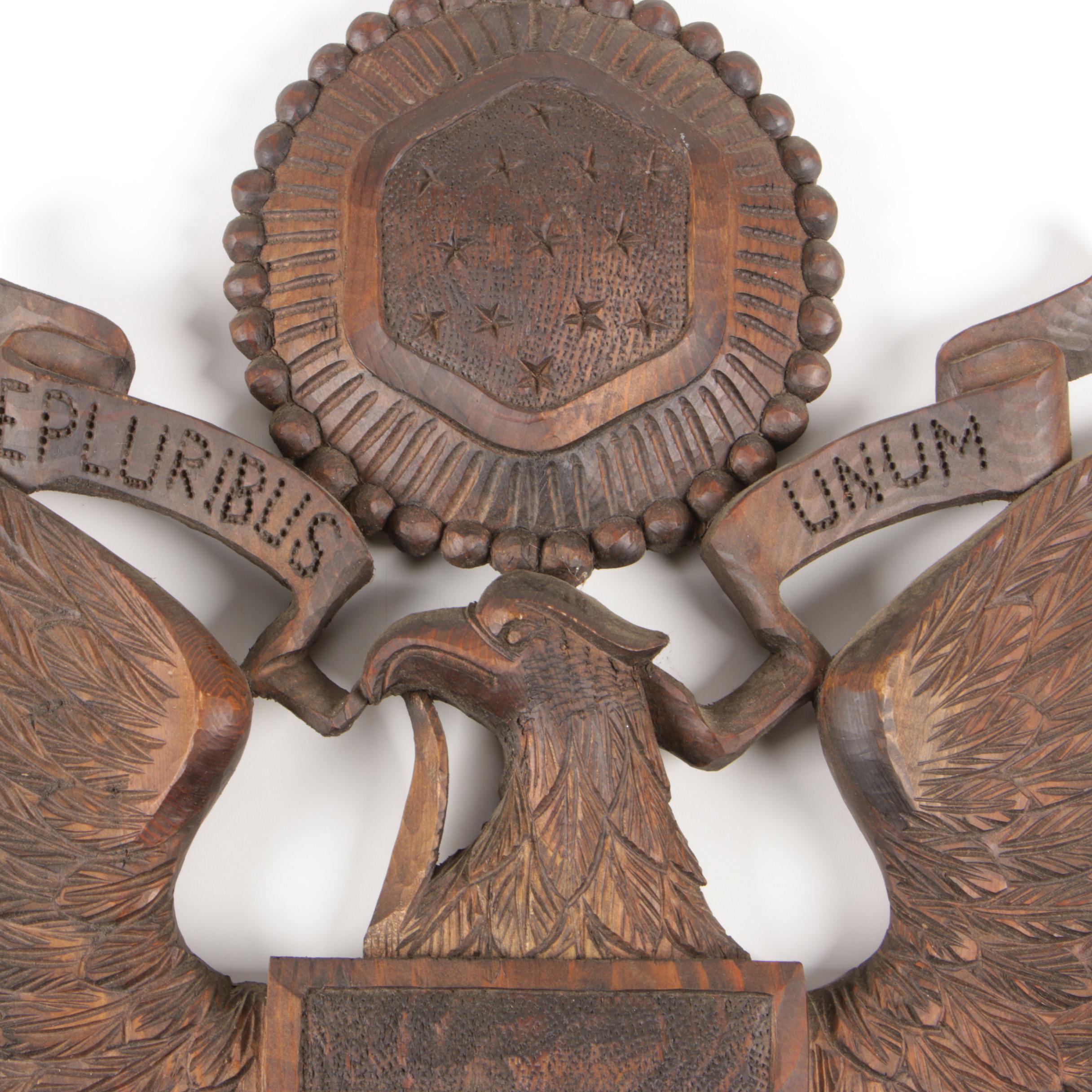 Carved Pine "E Pluribus Unum" American Eagle Wall Plaque, Mid-20th Century