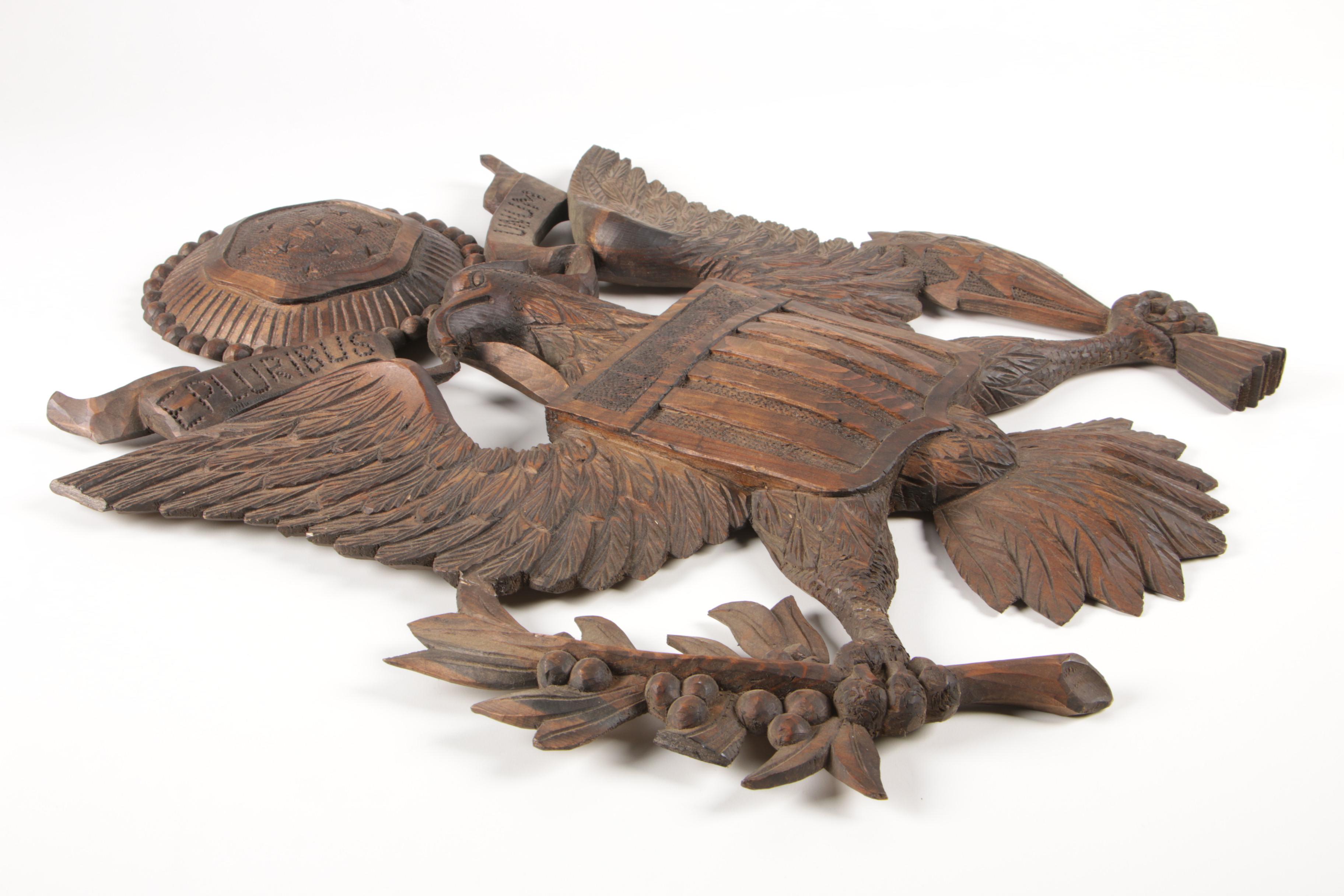 Carved Pine "E Pluribus Unum" American Eagle Wall Plaque, Mid-20th Century